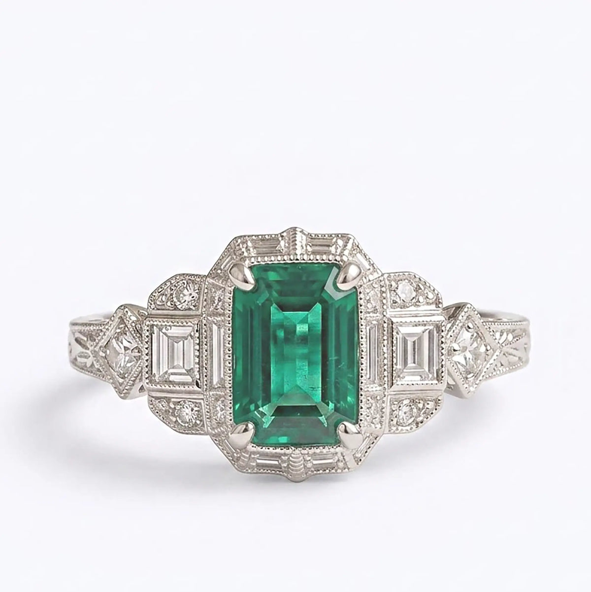 Vintage Art Deco emerald cut lab emerald engagement ring with geometric halo