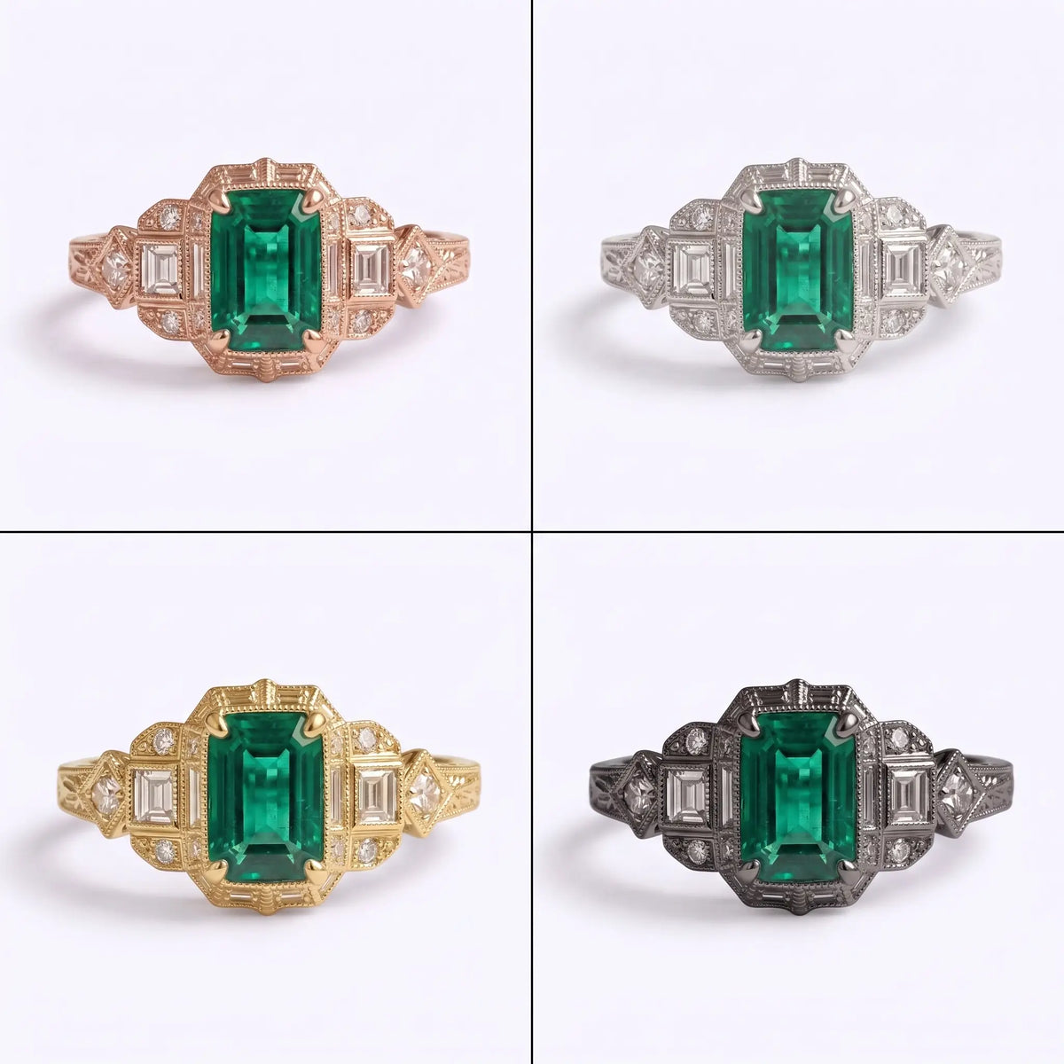 Emerald cut Art Deco ring shown in black, white, rose, and yellow gold