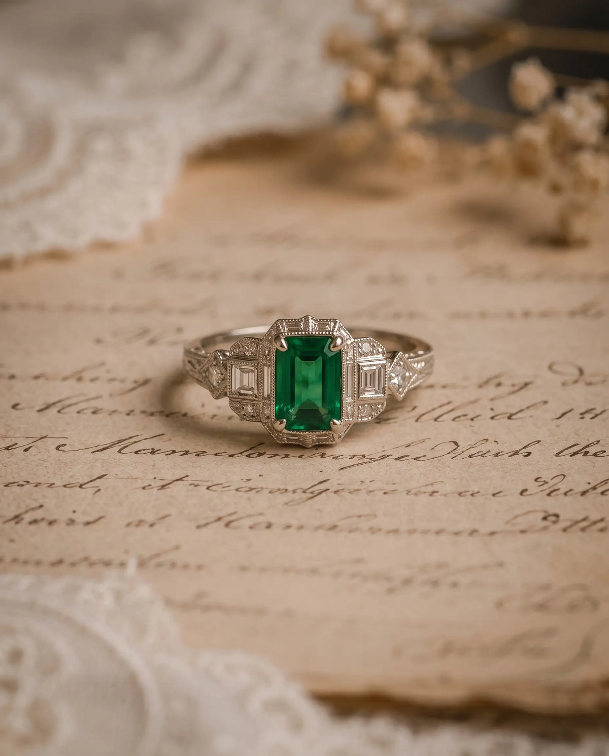 Side angle of geometric lab emerald engagement ring in gold