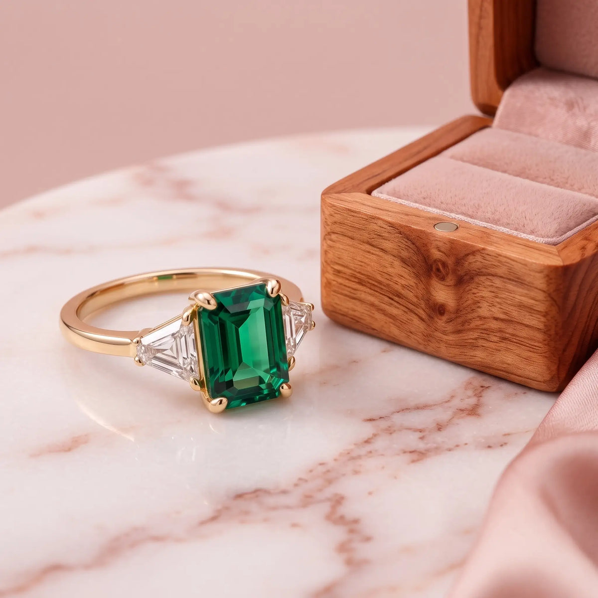 Classic emerald engagement ring styled in an elegant jewelry scene-wedding wood box