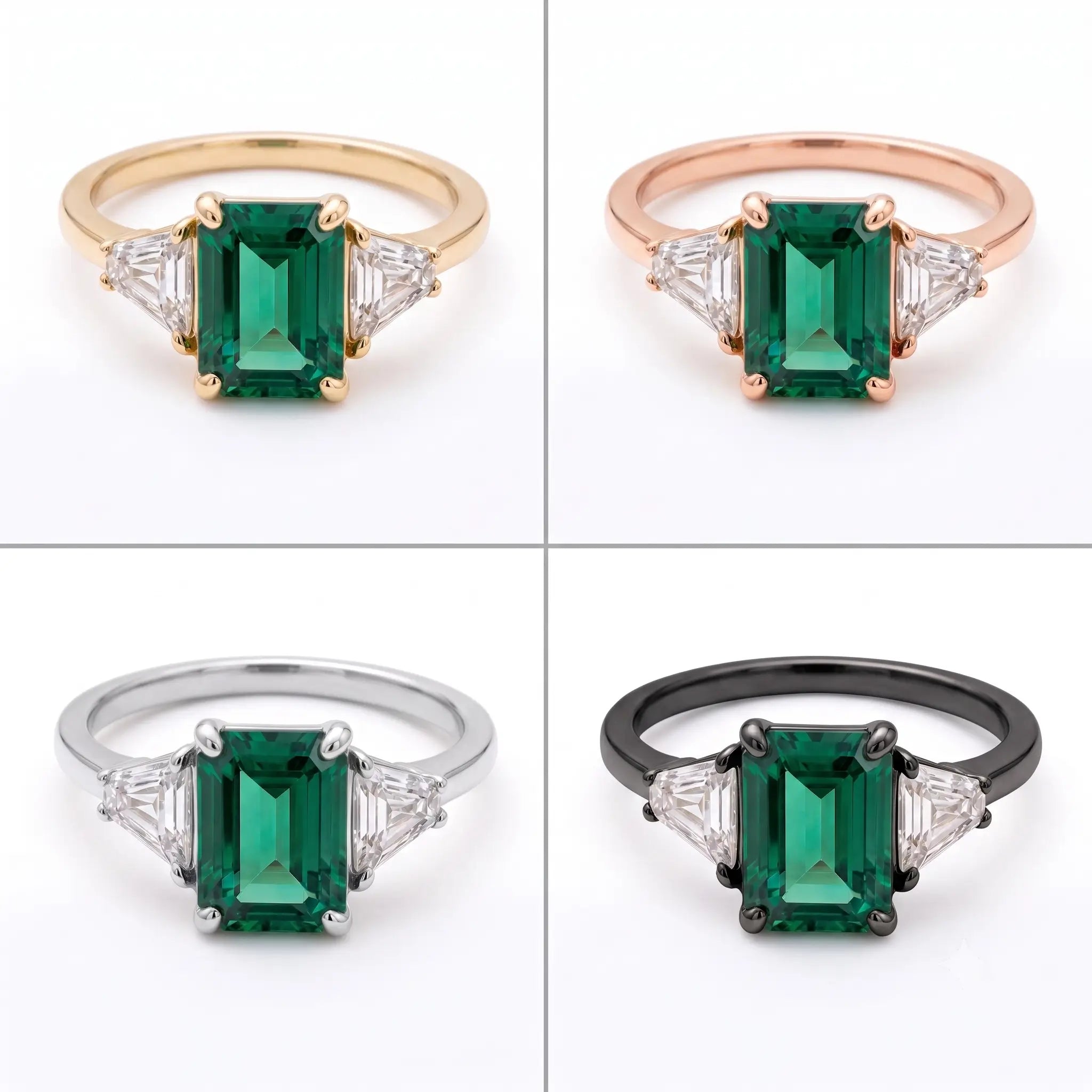 Classic emerald three stone ring shown in black gold, white gold, rose gold, and yellow gold