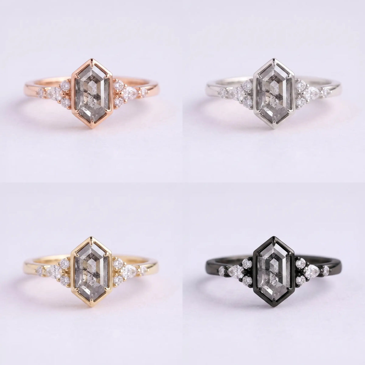 Front view matrix of Eryndor hexagon salt and pepper diamond ring in black gold, rose gold, yellow gold, and white gold