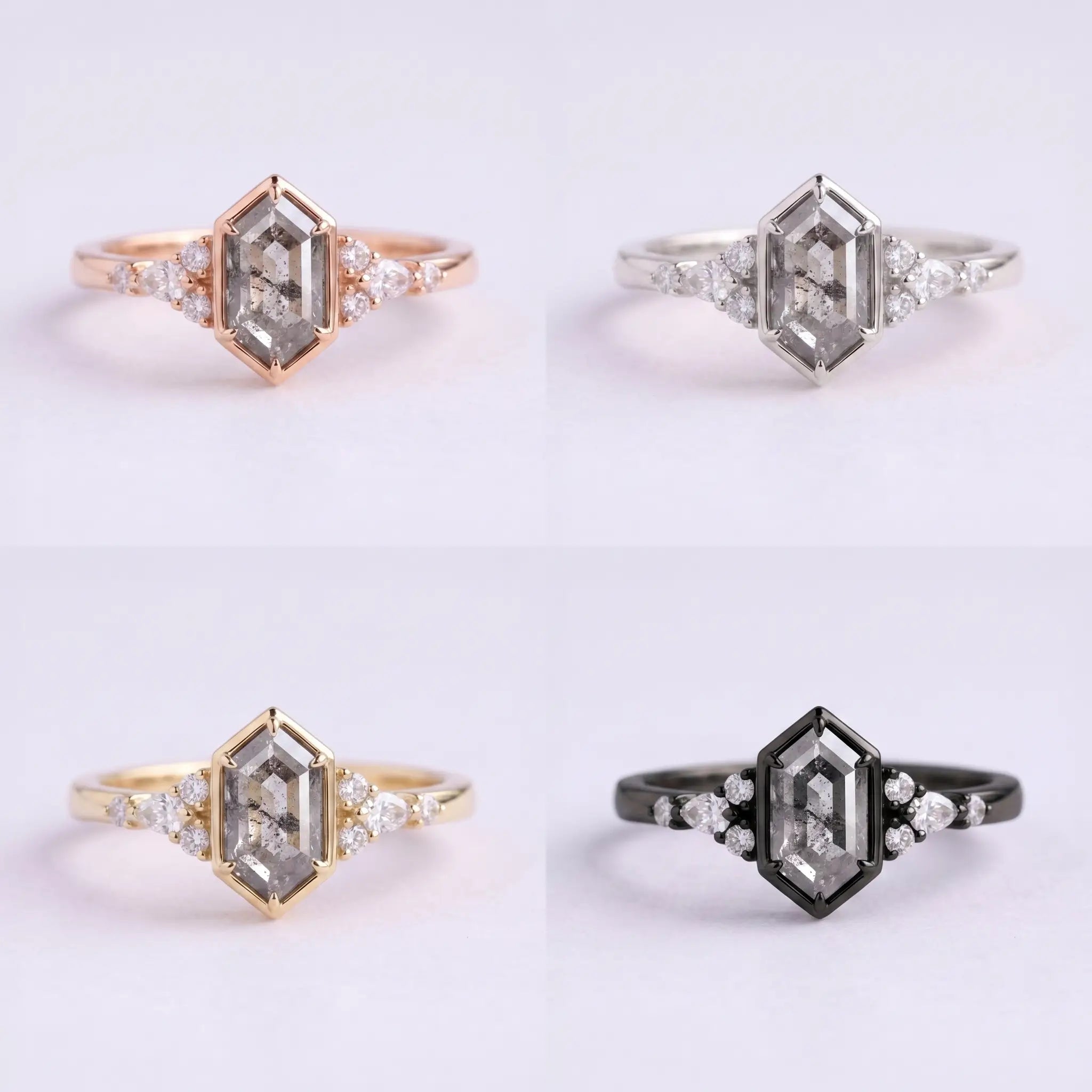 Front view matrix of Eryndor hexagon salt and pepper diamond ring in black gold, rose gold, yellow gold, and white gold