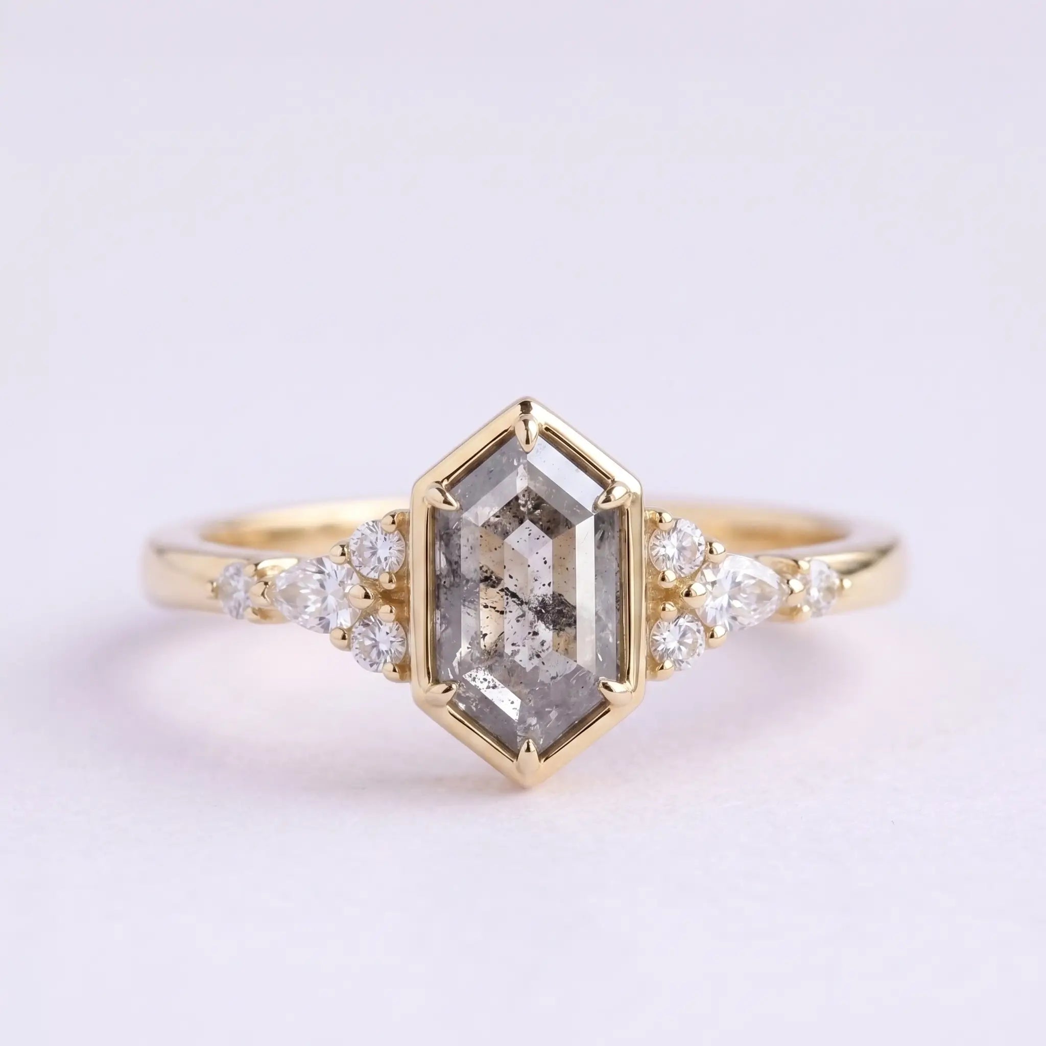 Handcrafted hexagon salt and pepper diamond bezel cluster engagement ring - Eryndor by Orleone