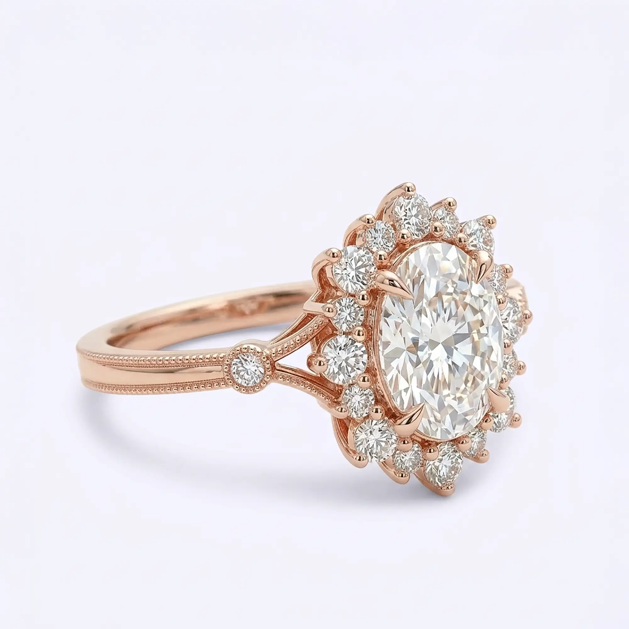 Artisanal gold engagement ring featuring oval moissanite with unique layered halo layout