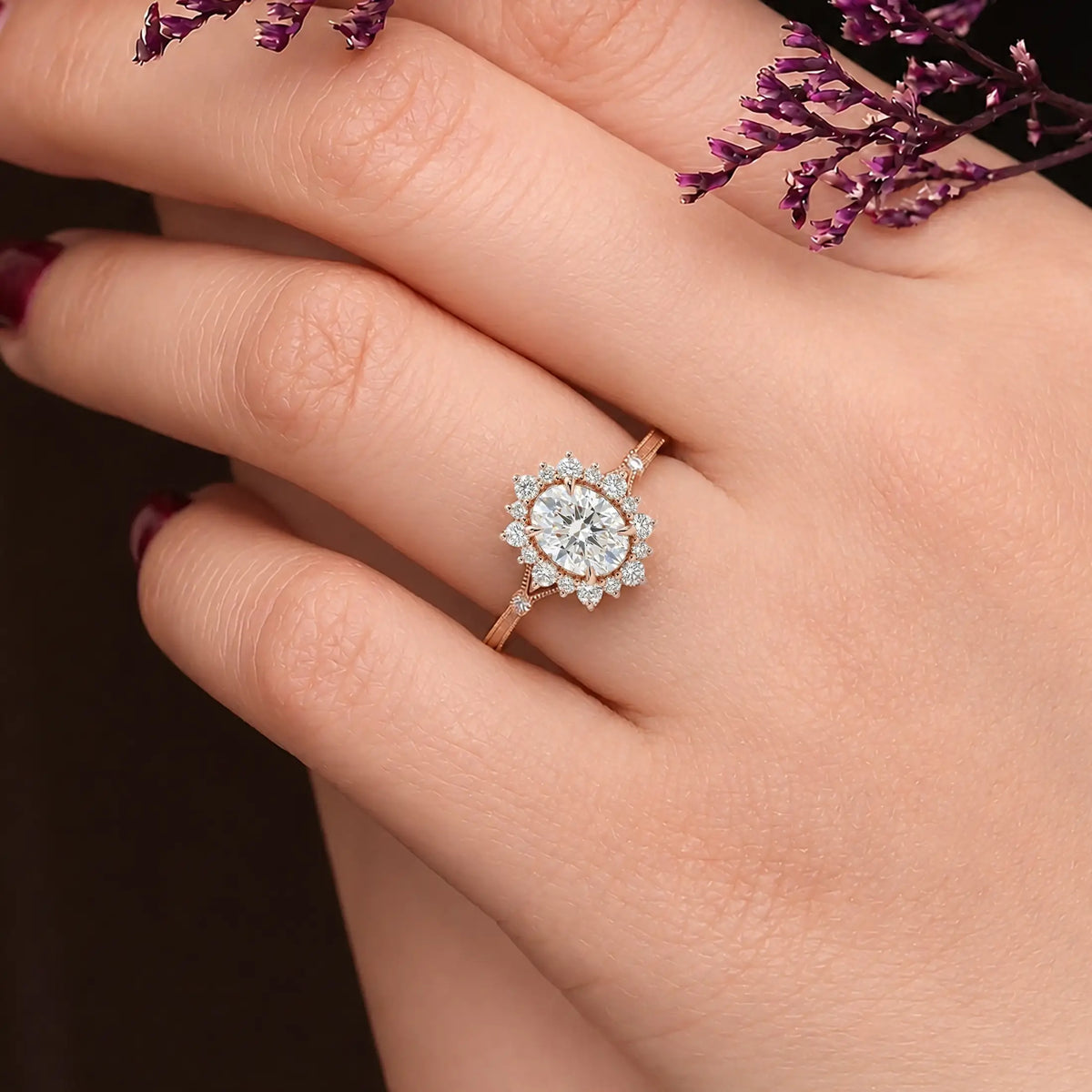 Luminous handmade vintage halo ring on hand showcasing multi-layered dimensional brilliance