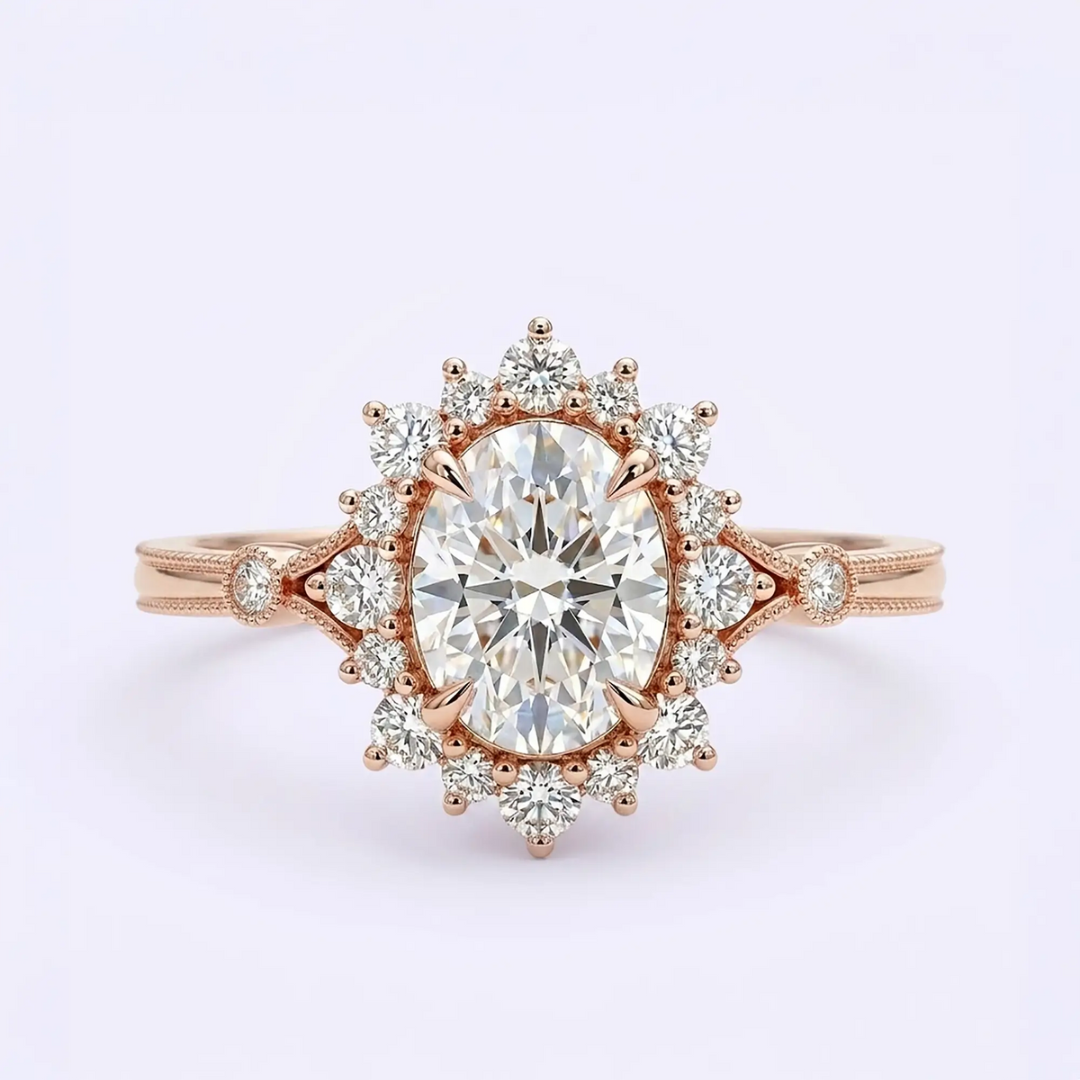 Handcrafted classic vintage oval moissanite halo engagement ring - Eryndor by Orleone
