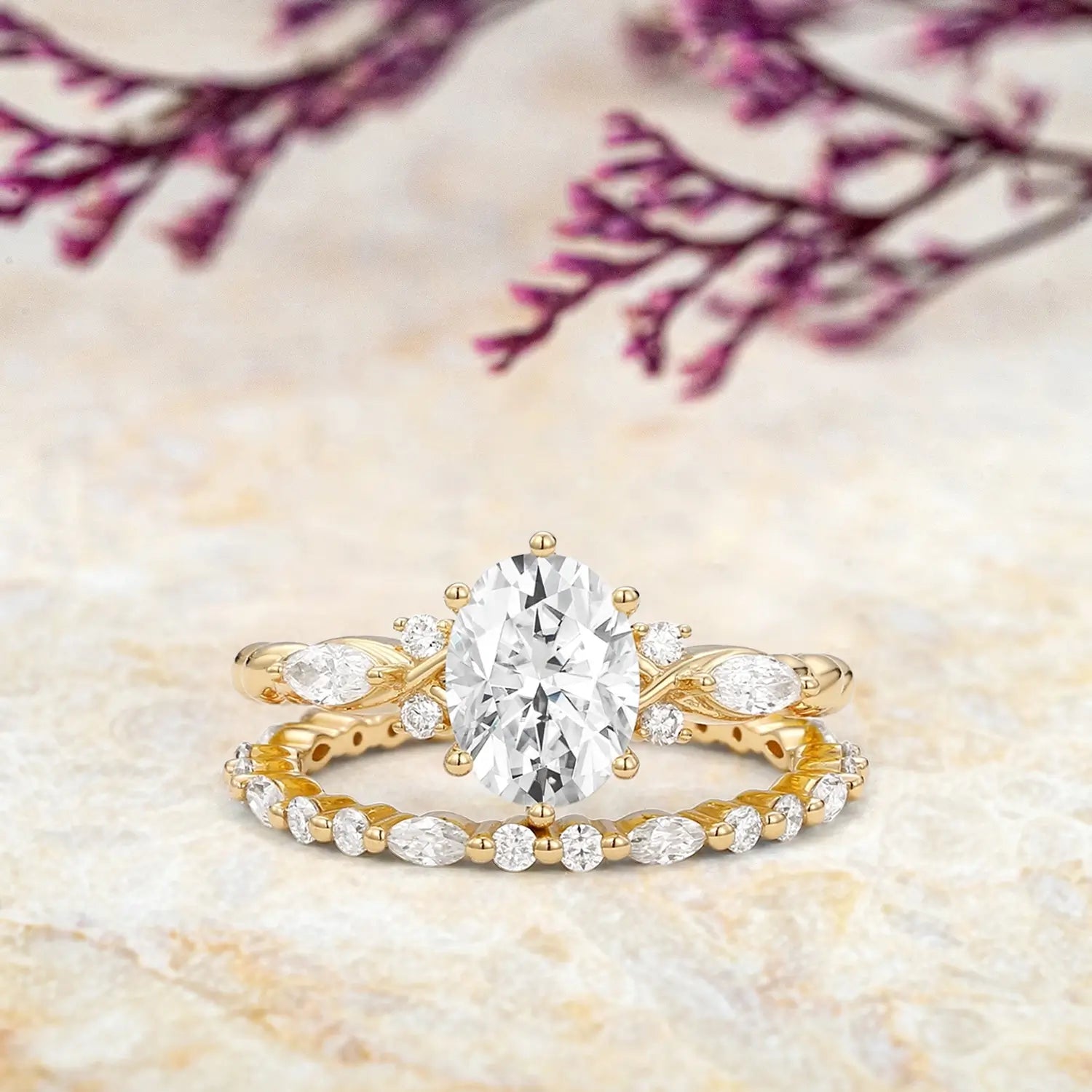 Front view of Eternal Grace oval cut moissanite infinity ring set in yellow gold orleone jewelry