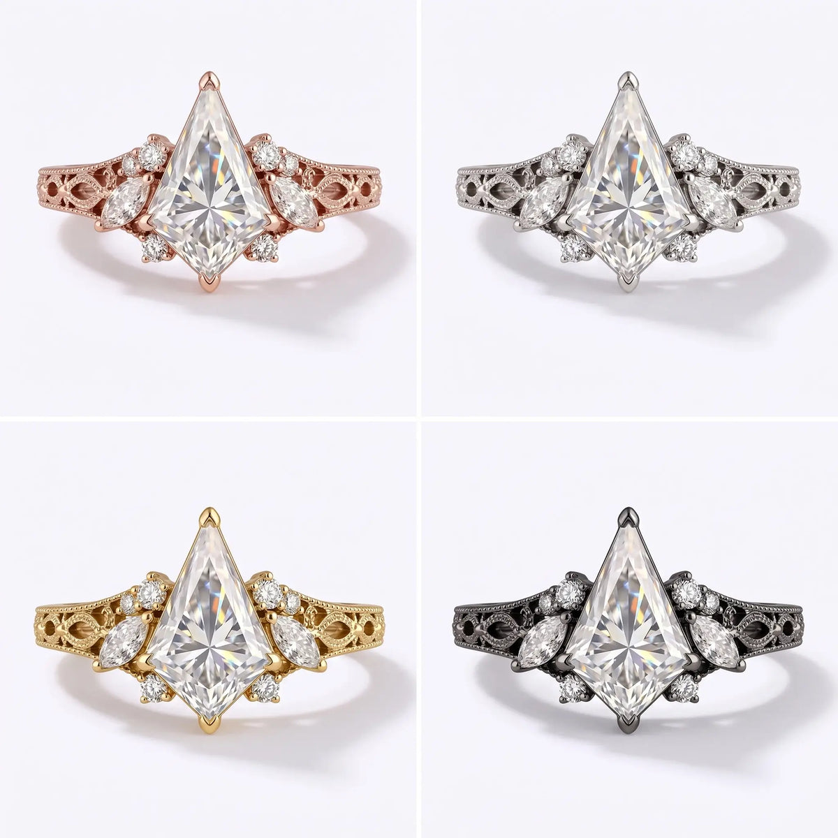 Edwardian-inspired kite moissanite cluster engagement ring shown in available metal options

