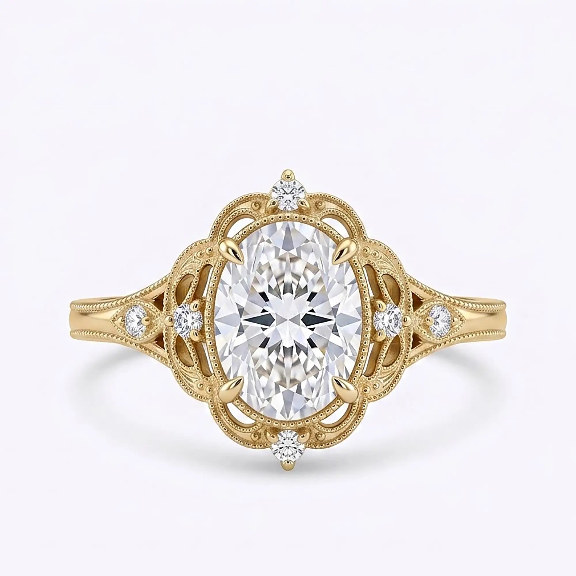 Vintage Edwardian oval moissanite filigree engagement ring with milgrain detailing in yellow gold