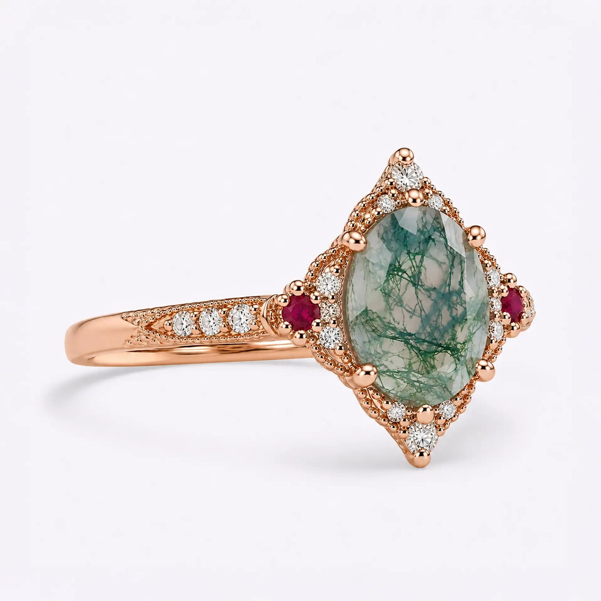 Side view of moss agate engagement ring with layered halo structure and gold band