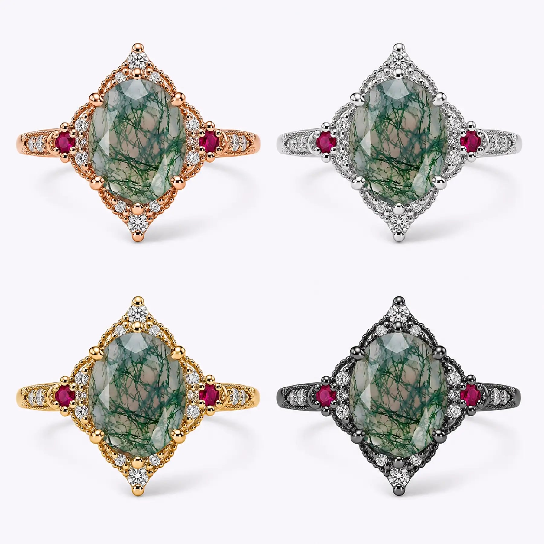 moss agate engagement ring showing gold setting craftsmanship 4 color gold