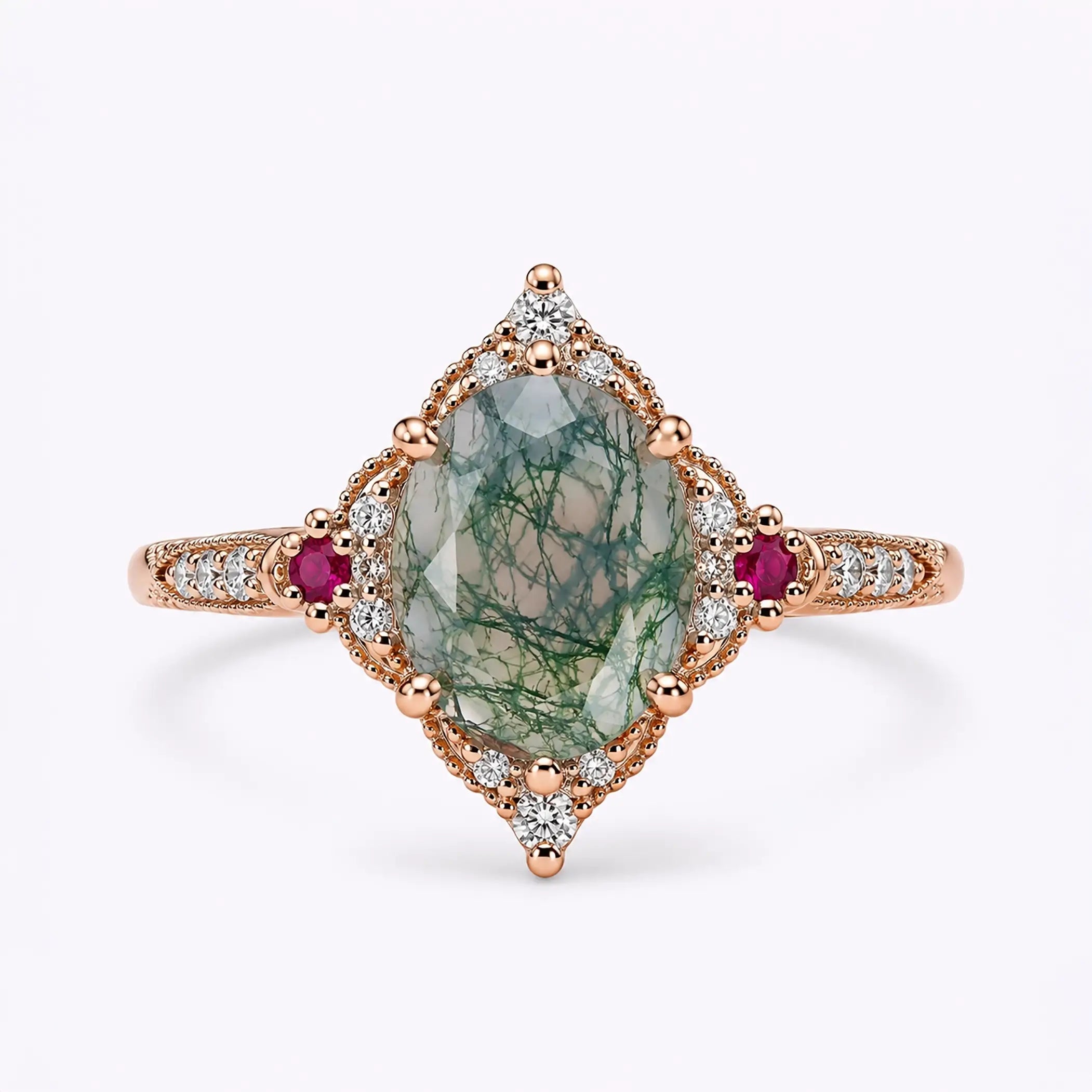 Oval moss agate vintage halo engagement ring with moissanite accents in rose gold