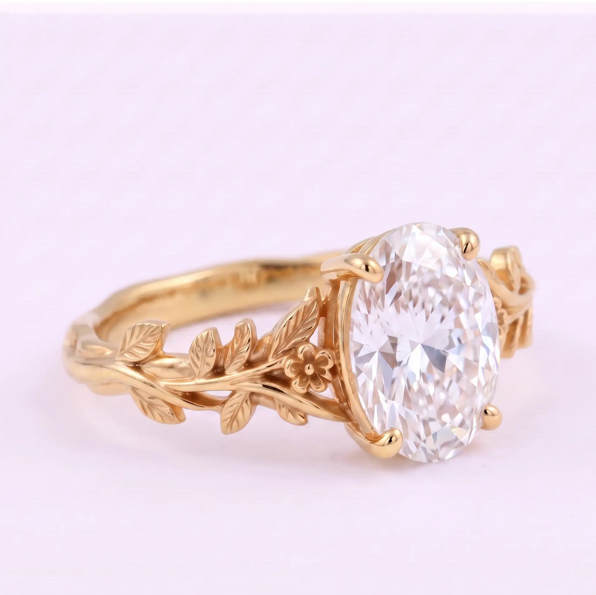 Right angle of floral vine solitaire engagement ring with oval moissanite center