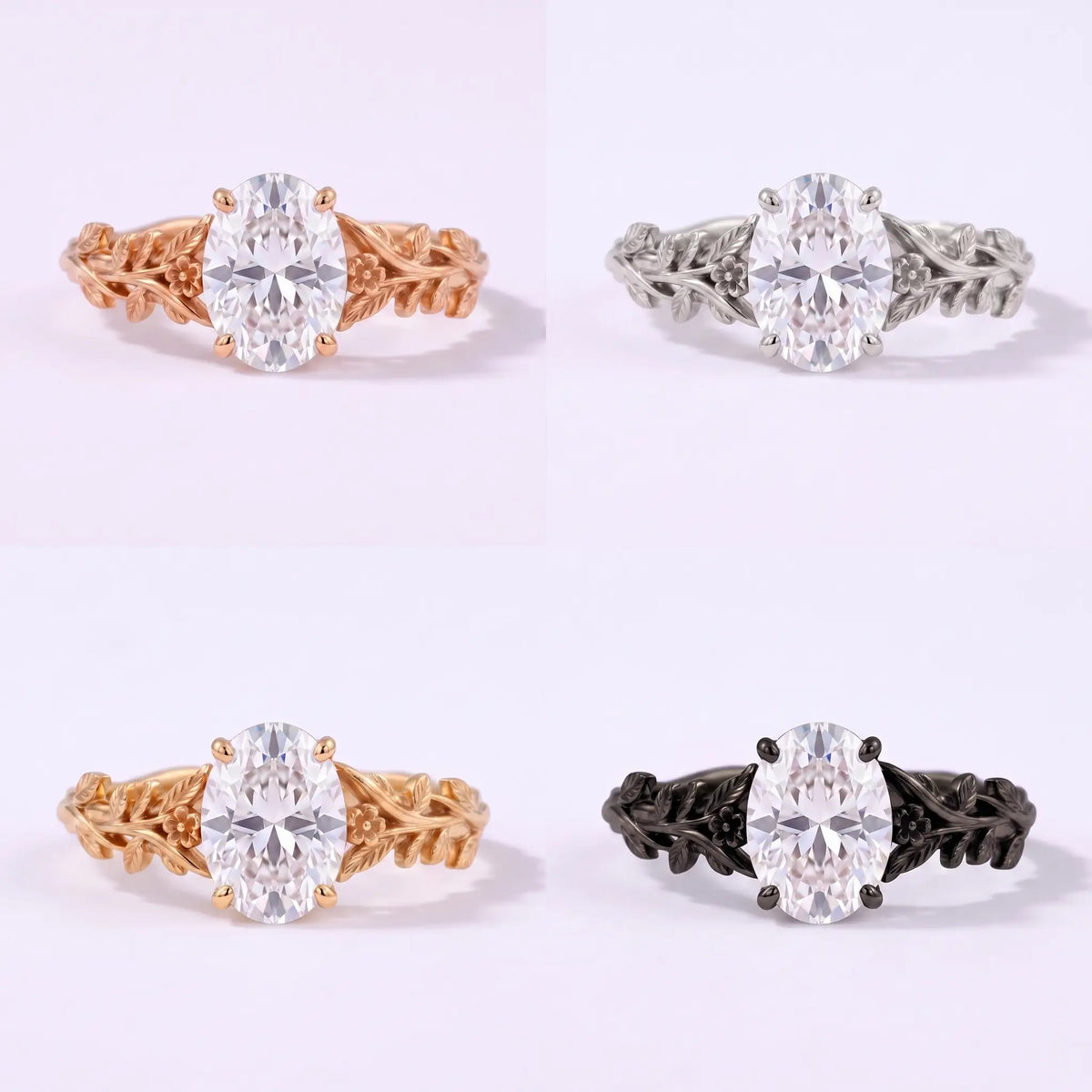 Botanical oval moissanite ring shown in black gold, white gold, rose gold, and yellow gold