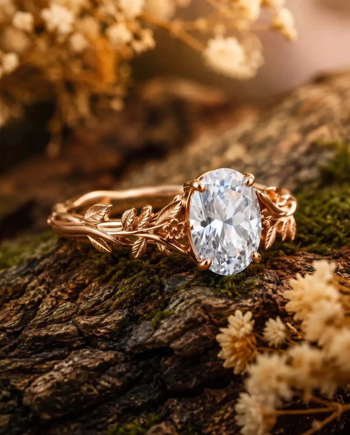 Nature inspired oval moissanite floral ring styled in an elegant jewelry scene