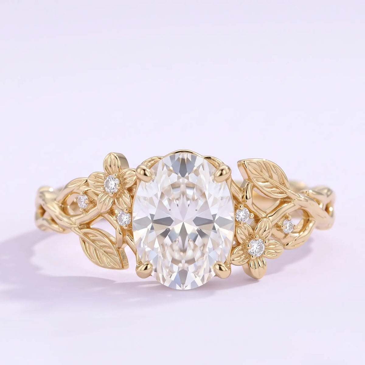 Oval moissanite botanical floral engagement ring in yellow gold