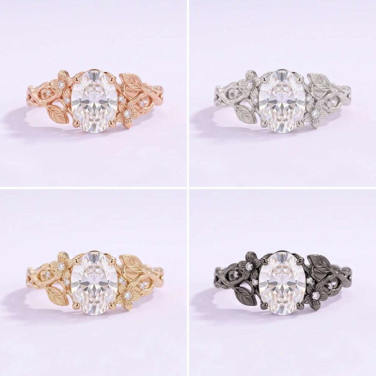 Oval botanical engagement ring shown in black, white, rose, and yellow gold