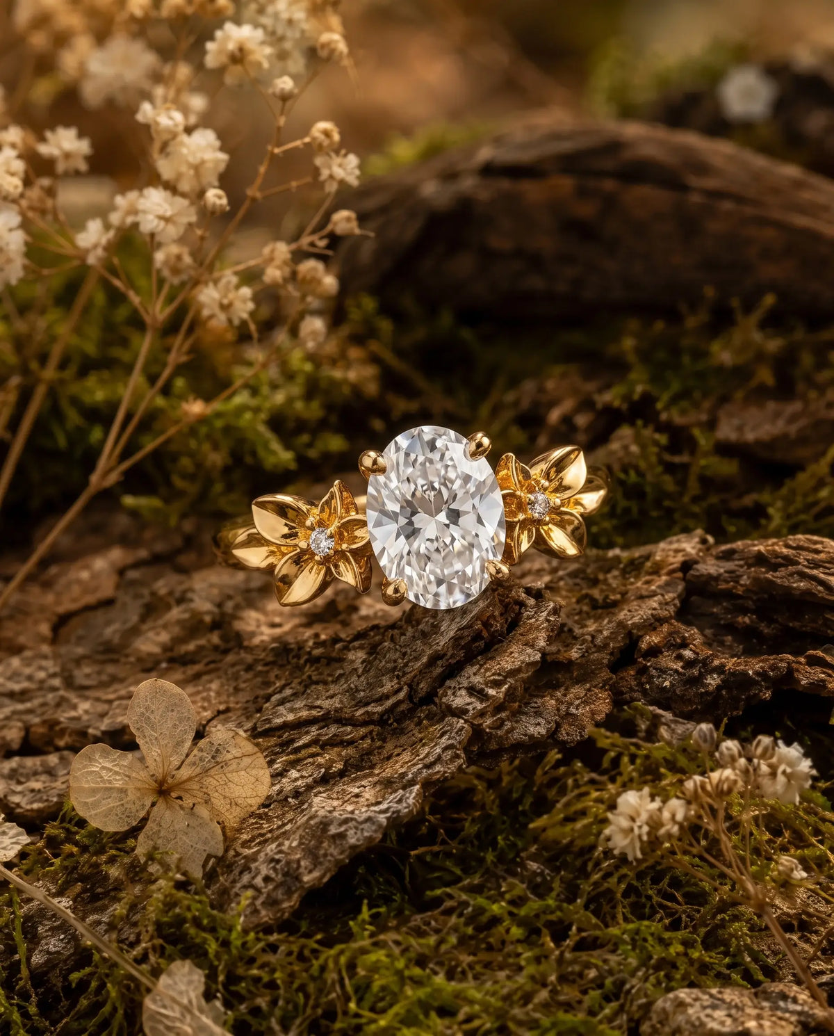 Romantic floral moissanite engagement ring with polished gold petals