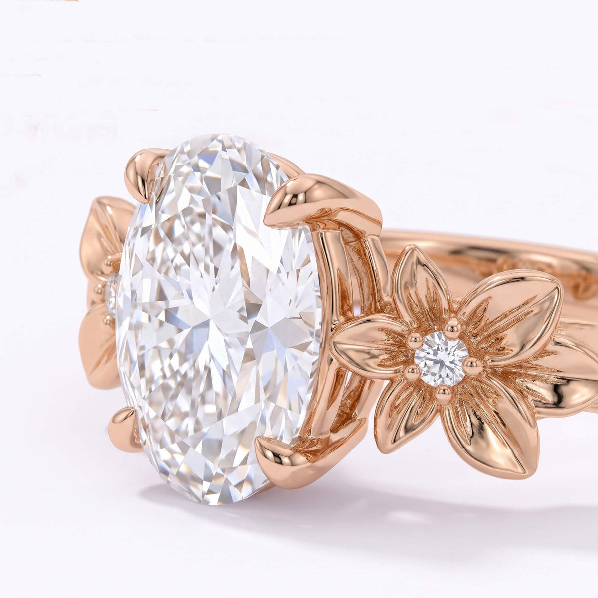 Close-up of natural diamond flower accents beside oval moissanite