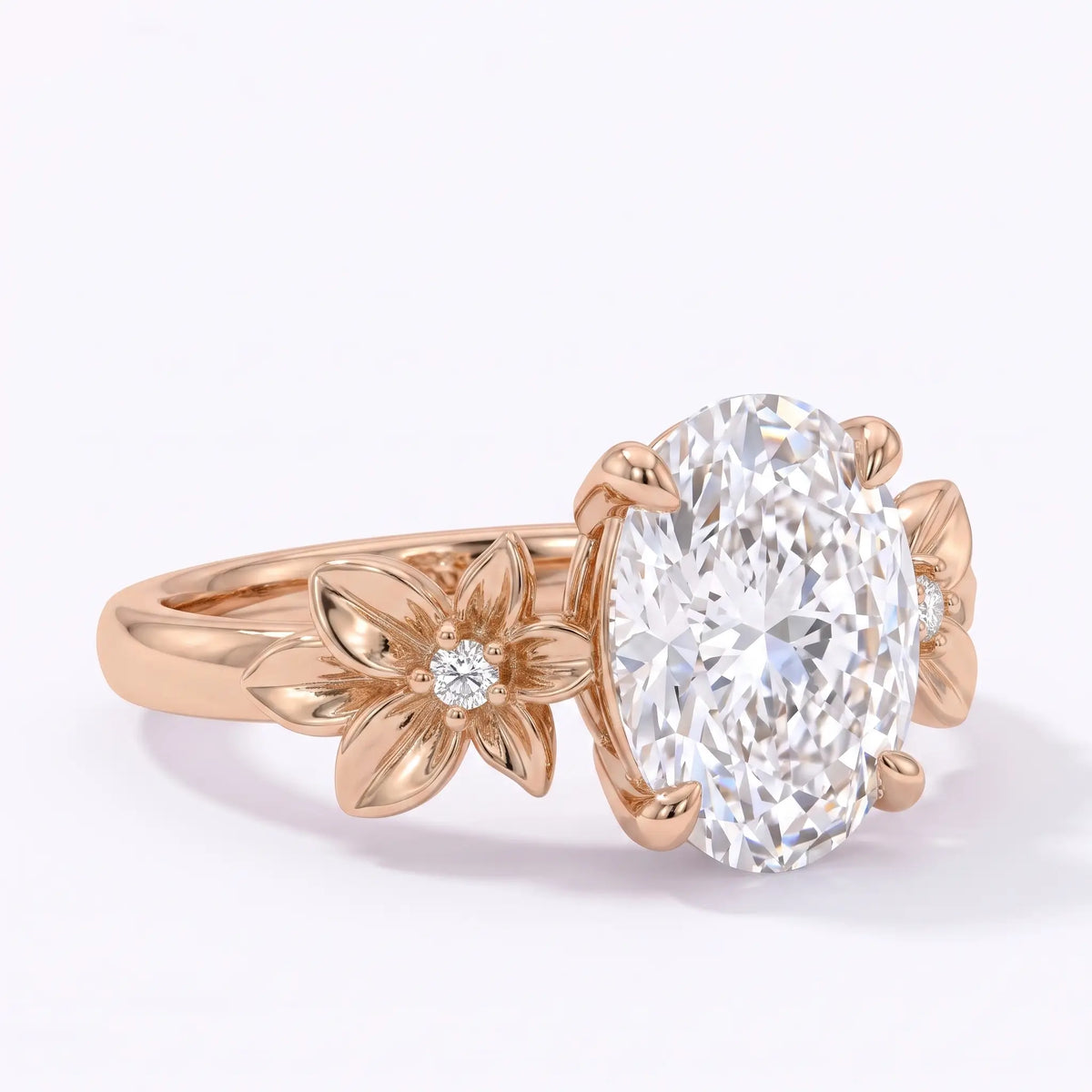 Nature inspired engagement ring with oval moissanite and two diamonds