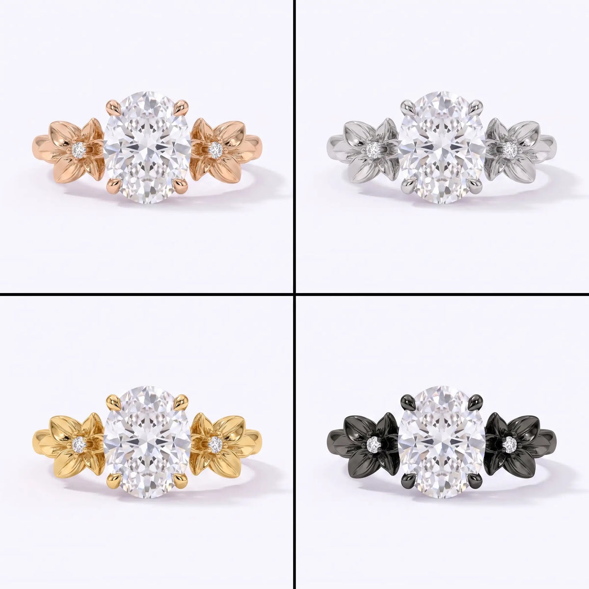Oval floral engagement ring in black, white, rose, and yellow gold