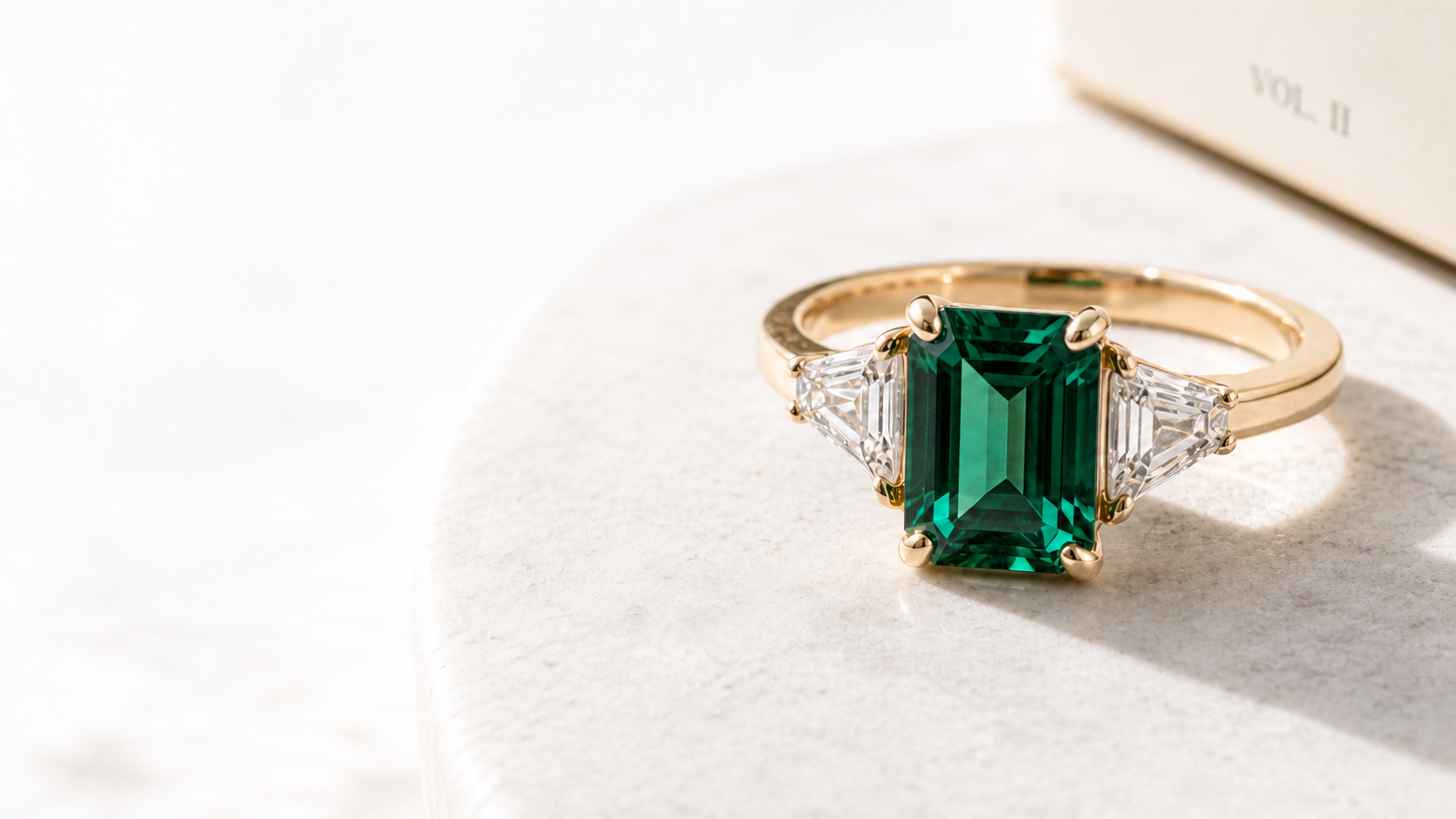 Emerald-cut green gemstone engagement ring with trapezoid side stones