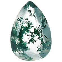Pear-cut moss agate gemstone with green inclusions