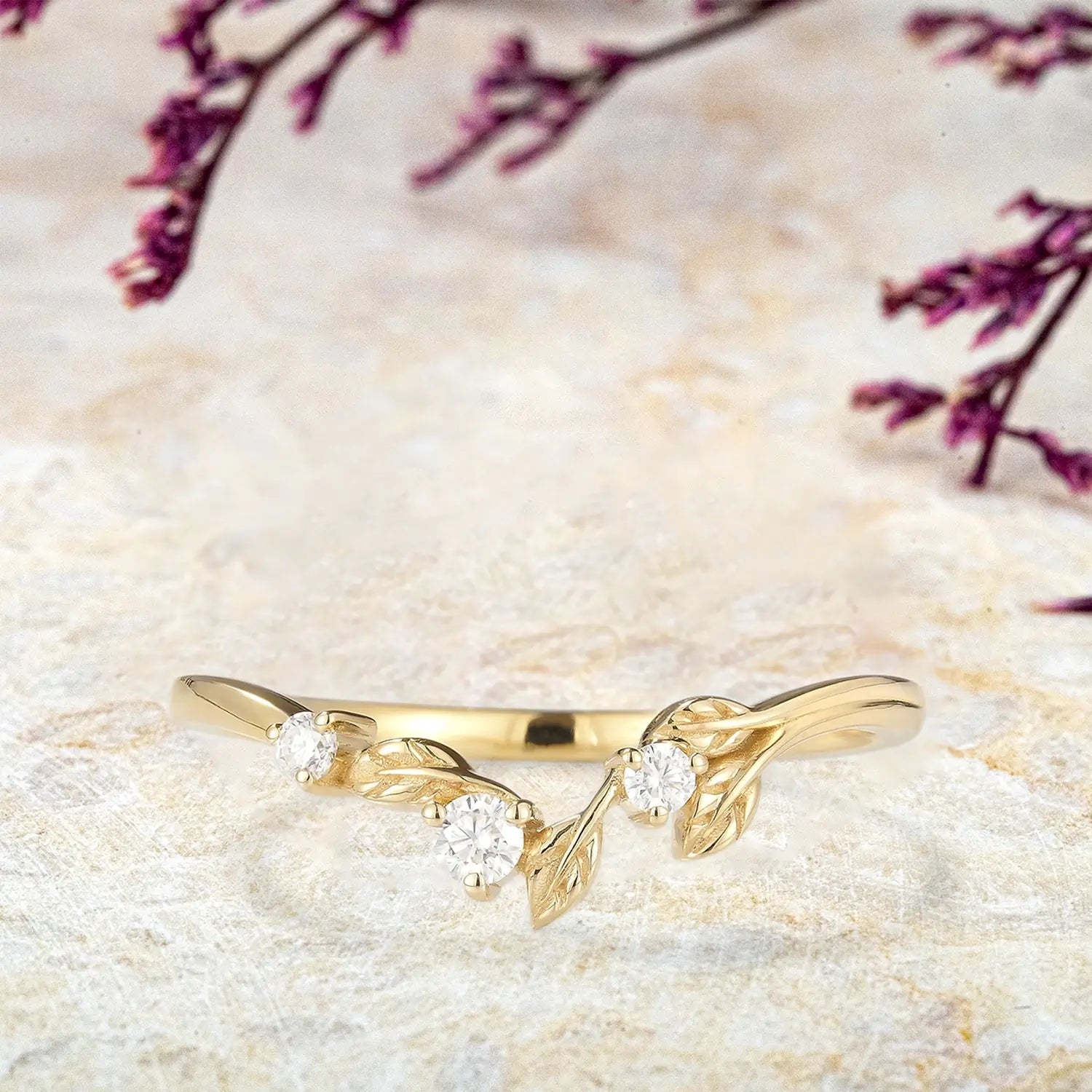 Vespera Moissanite Leaf Stacking Band – Nature-Inspired Wedding Band