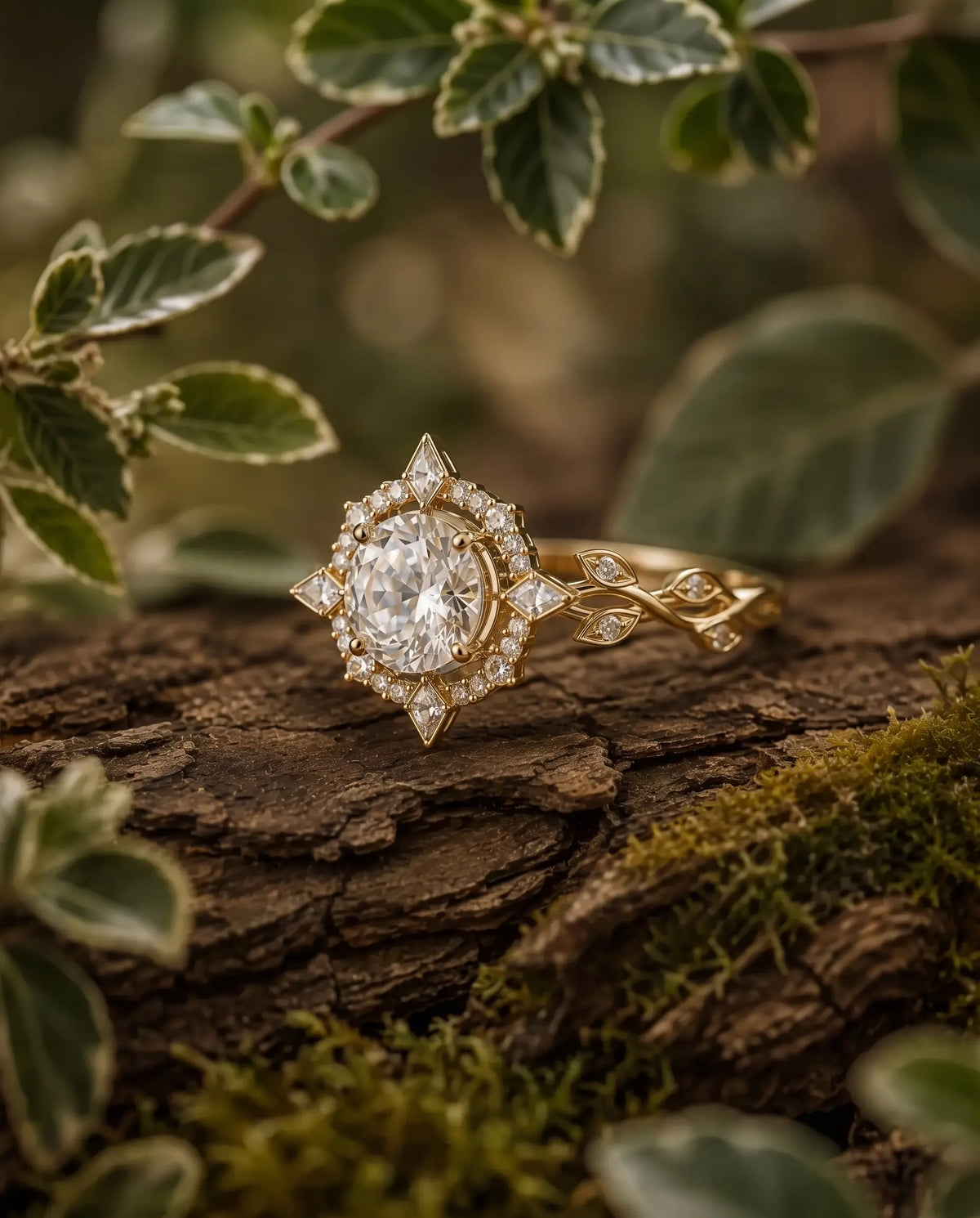 Nature inspired moissanite halo engagement ring styled as an elegant botanical gold ring