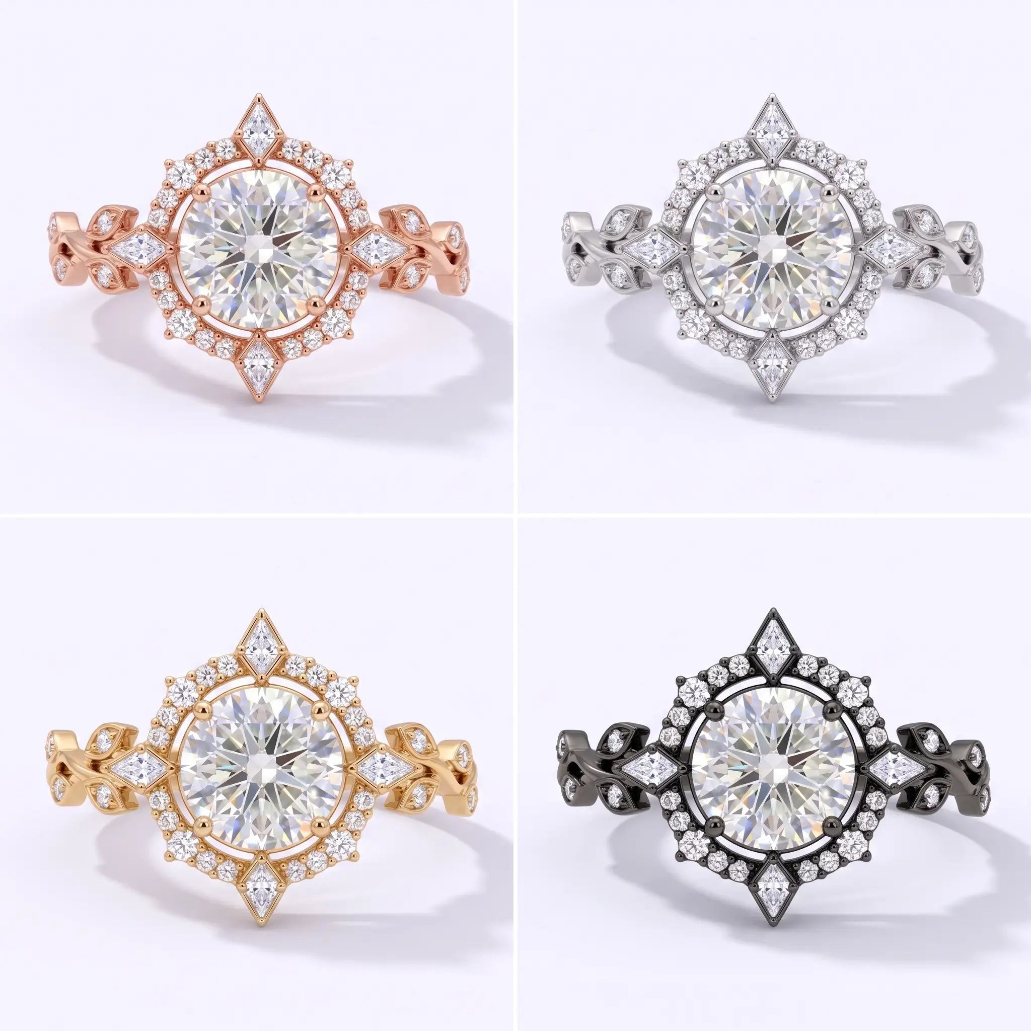 Four-color grid of the Heliora halo leaf ring in black gold, white gold, rose gold, and yellow gold