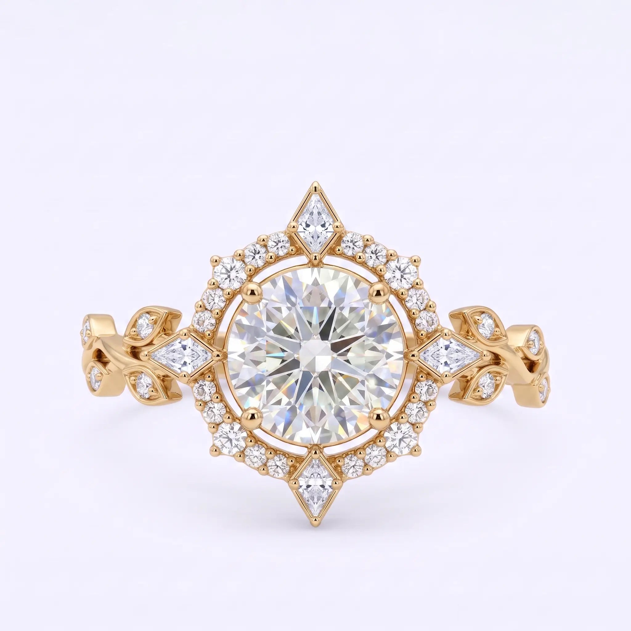Round cut moissanite halo engagement ring with kite accents and crossed leaf band in yellow gold