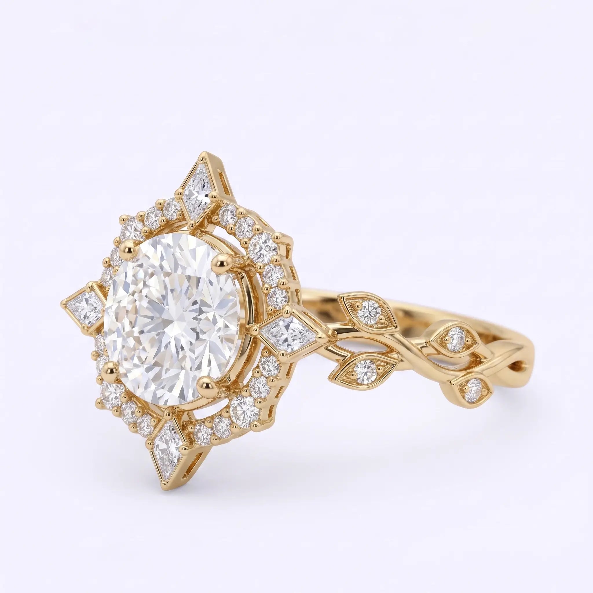 Left view of a round moissanite halo leaf engagement ring with radiant sunburst design