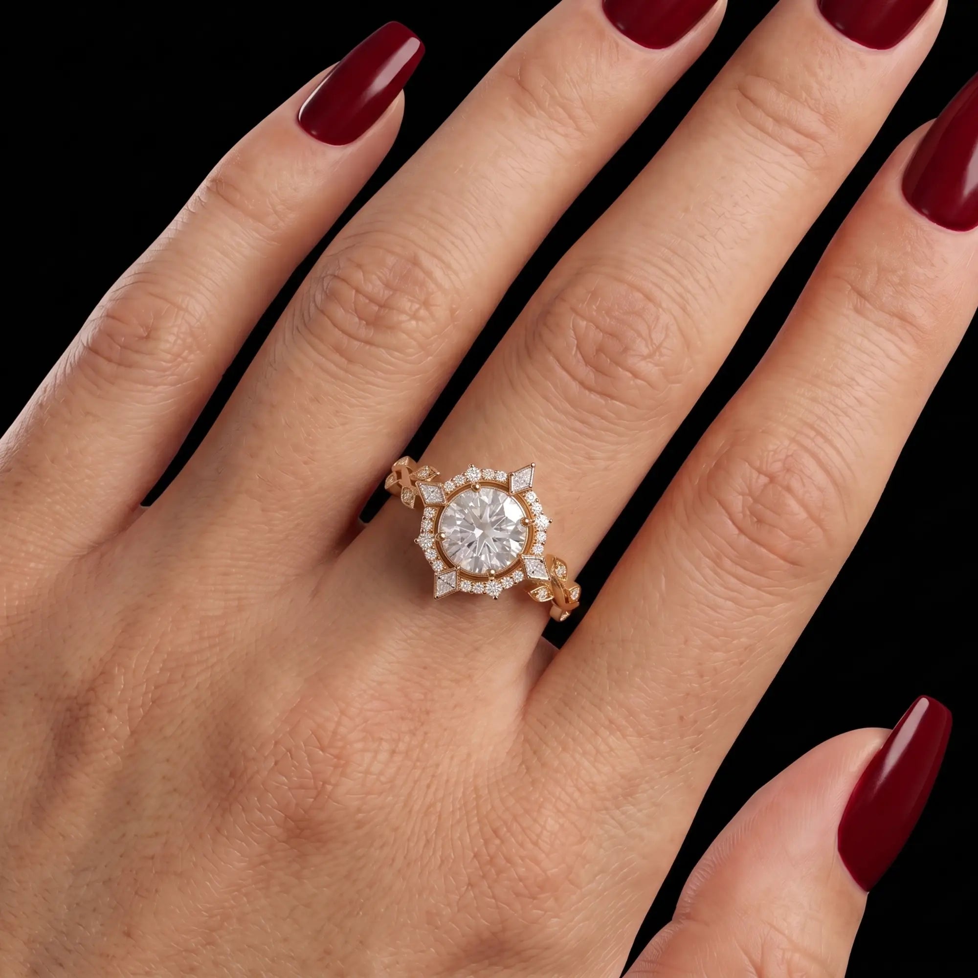 Round cut moissanite halo leaf ring worn on hand with a delicate sparkling finish