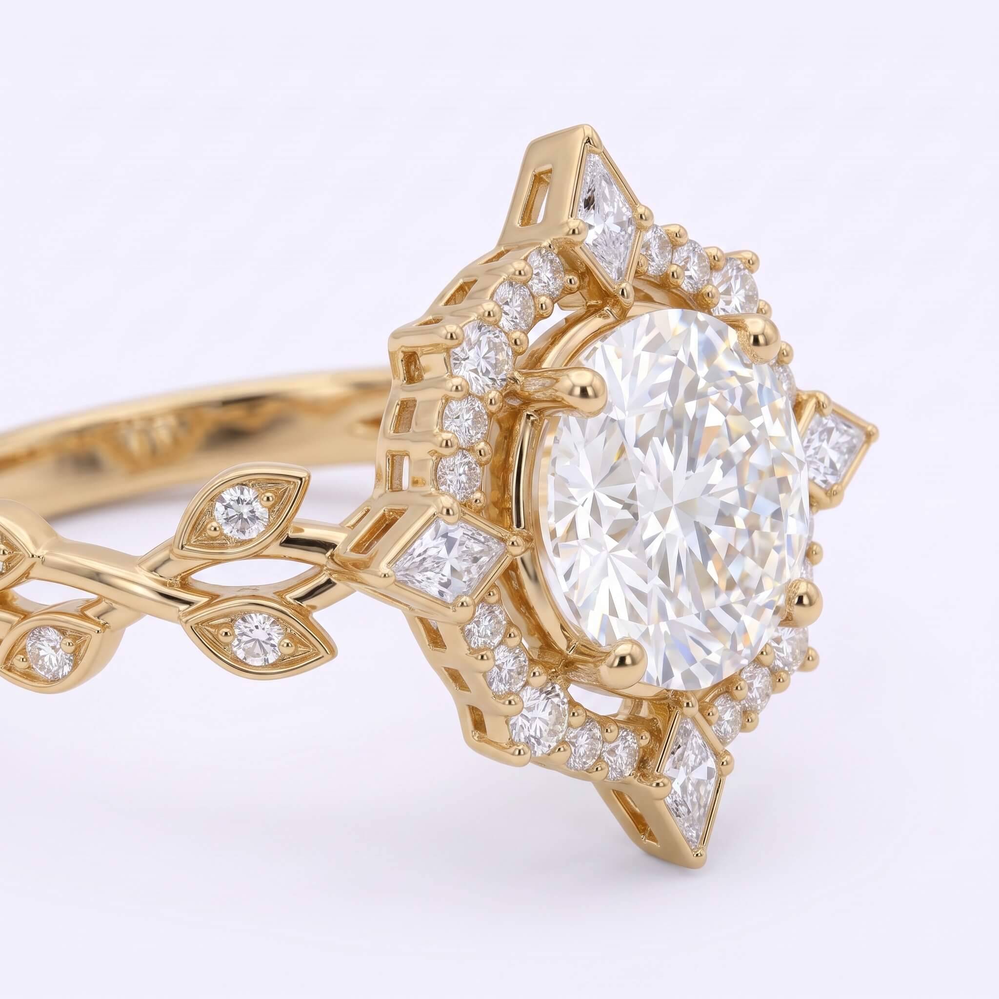 Close-up detail of a round moissanite sunburst halo ring with 28 round and 4 kite cut accent stones