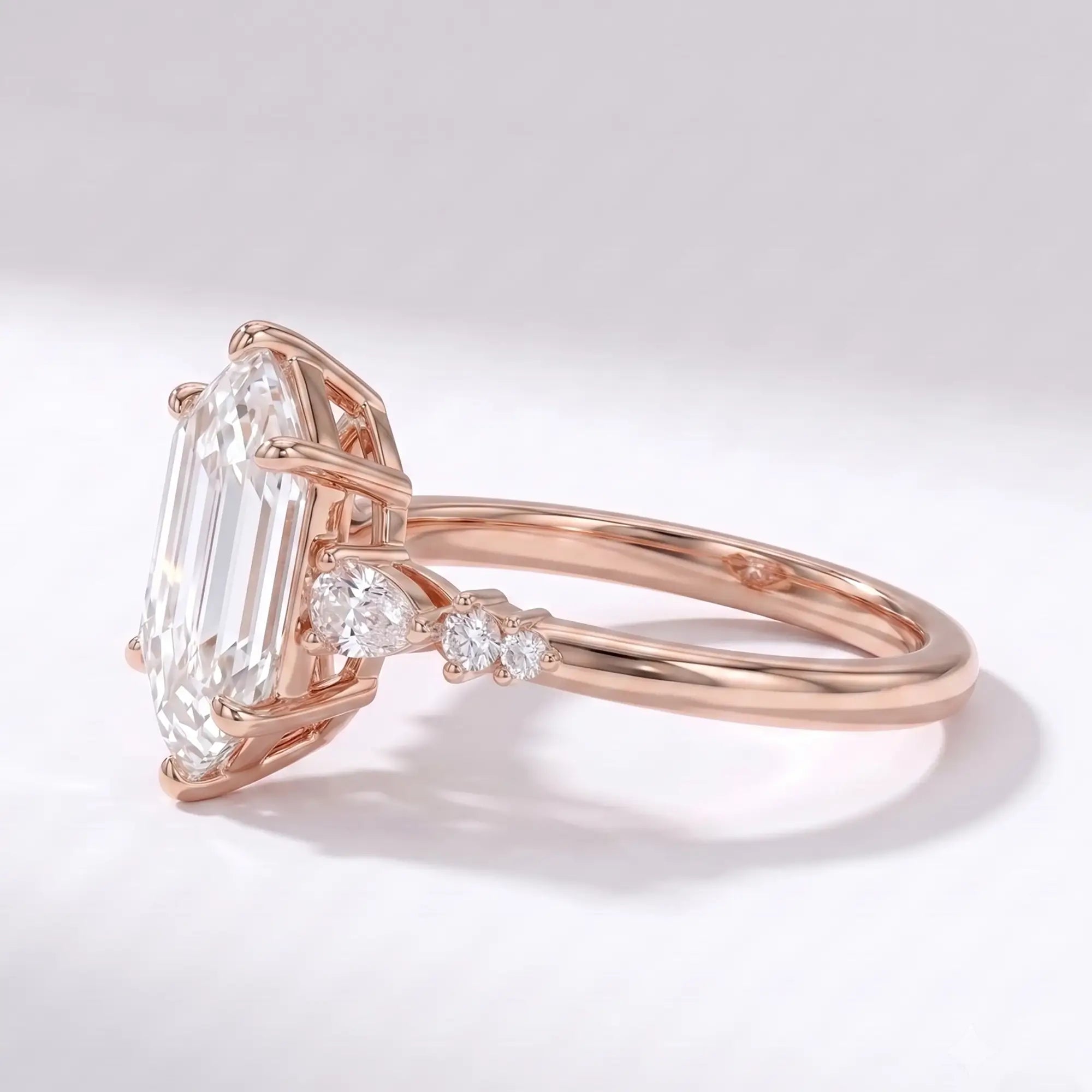 Side profile view of a dainty 1.7mm solid gold hexagon ring band showing low-profile cluster work and polished finish