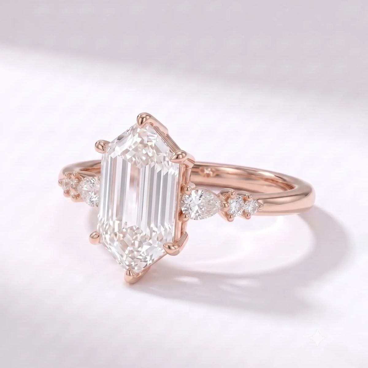 Side profile view of a dainty 1.7mm solid gold hexagon ring band showing low-profile cluster work and polished finish