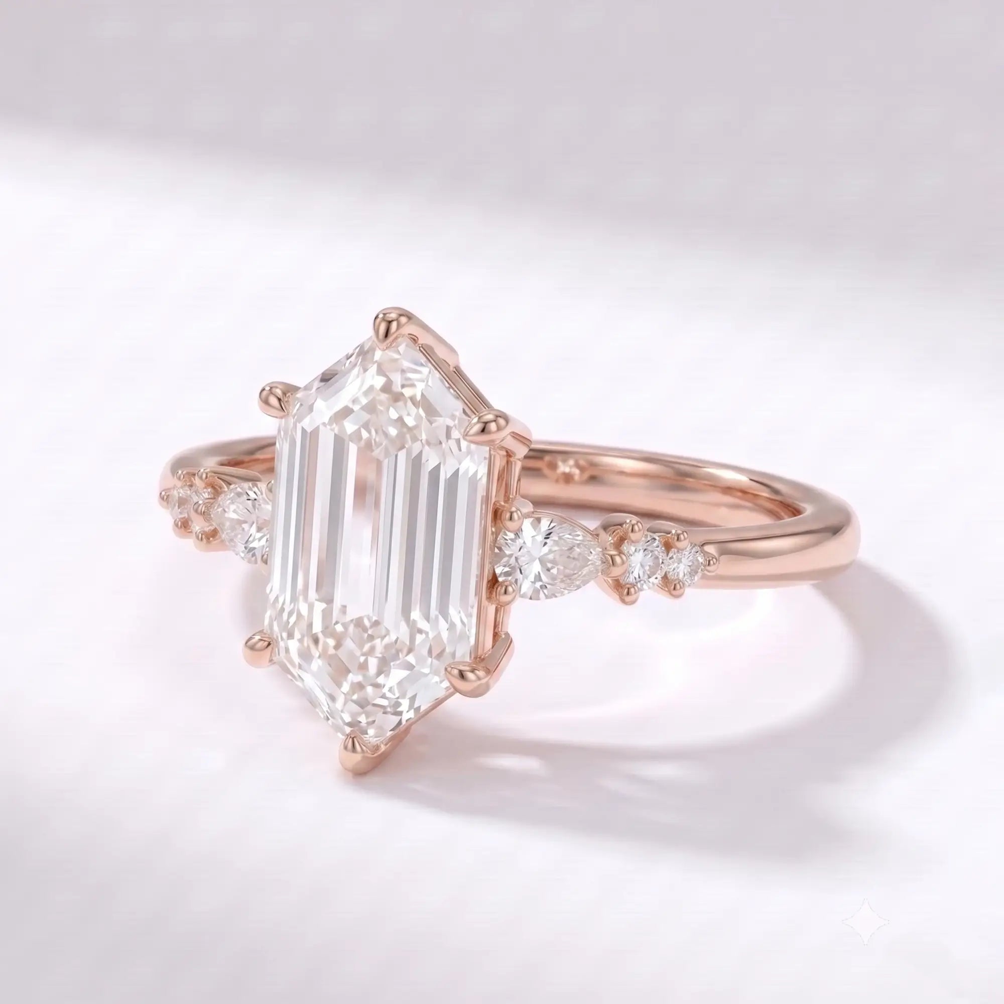 Side profile view of a dainty 1.7mm solid gold hexagon ring band showing low-profile cluster work and polished finish