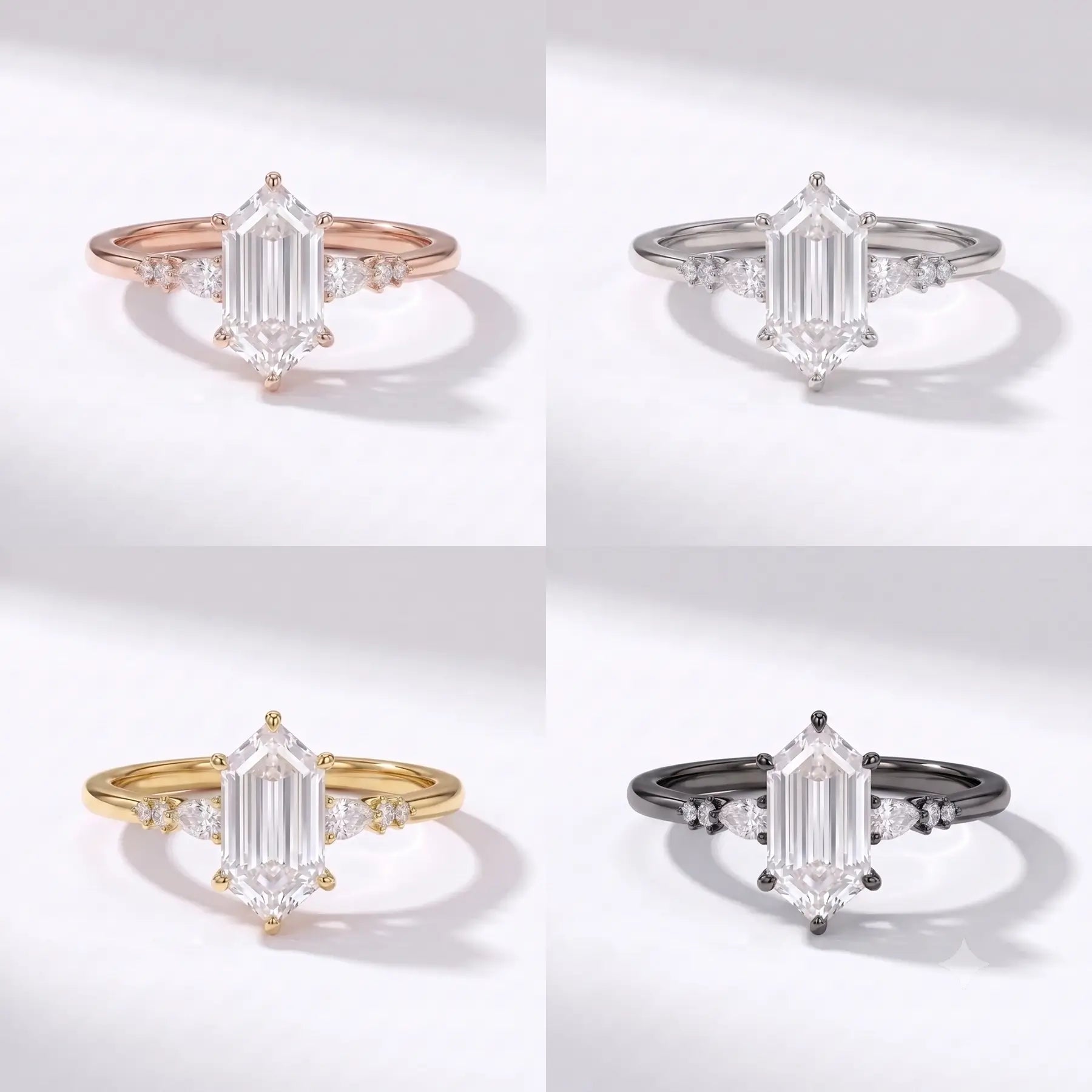 Studio matrix showcase displaying the elongated hexagon moissanite ring across rose gold, yellow gold, white gold, and black gold options