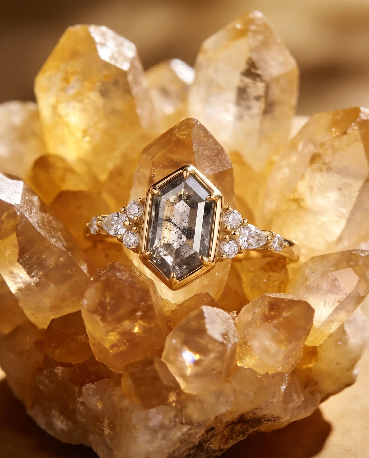 Luxury macro close-up of hexagon salt and pepper diamond cluster bridal ring placed in an ethereal high-end setting