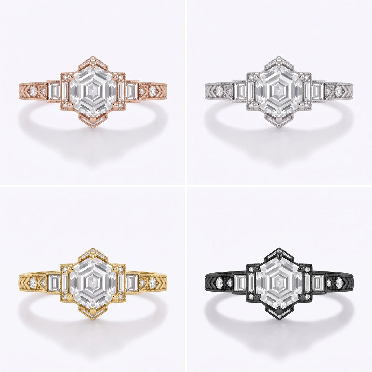 Hexagon step cut diamond engagement ring displayed in yellow white rose and black gold metal finishes
