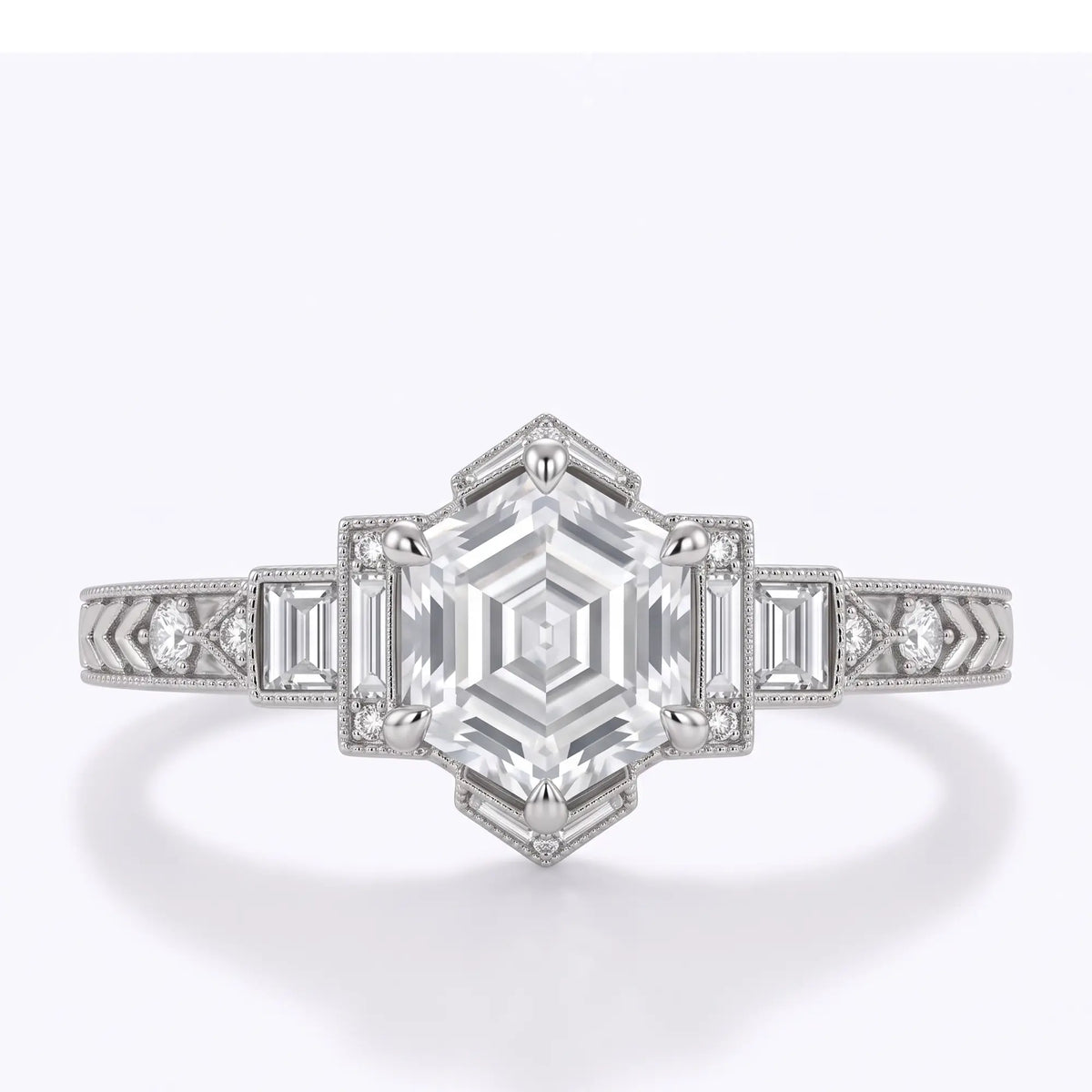 Vintage Art Deco hexagon step cut lab diamond cluster engagement ring with baguette side stones in white gold