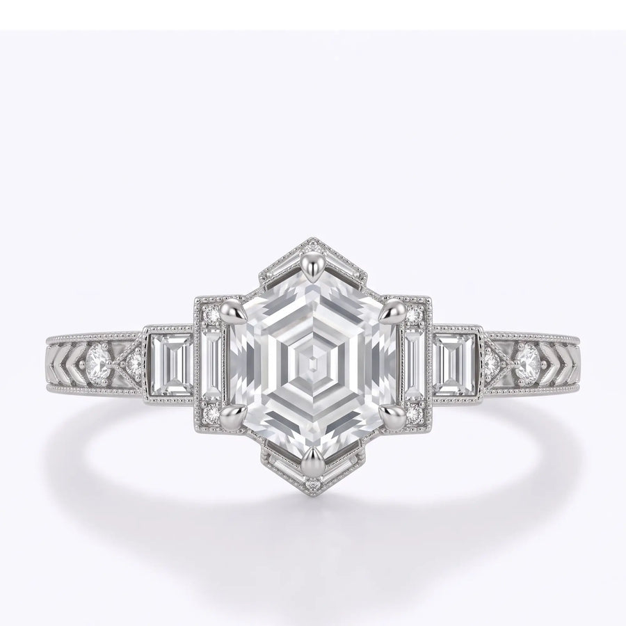 Vintage Art Deco hexagon step cut lab diamond cluster engagement ring with baguette side stones in white gold