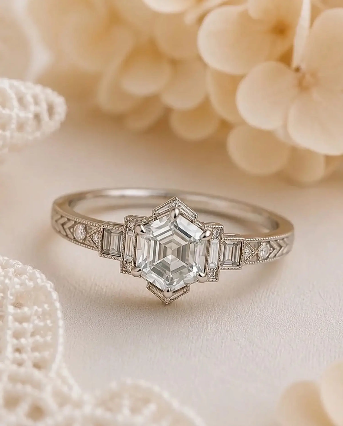 Close up of vintage Art Deco gold band featuring engraved chevron patterns and delicate milgrain edges