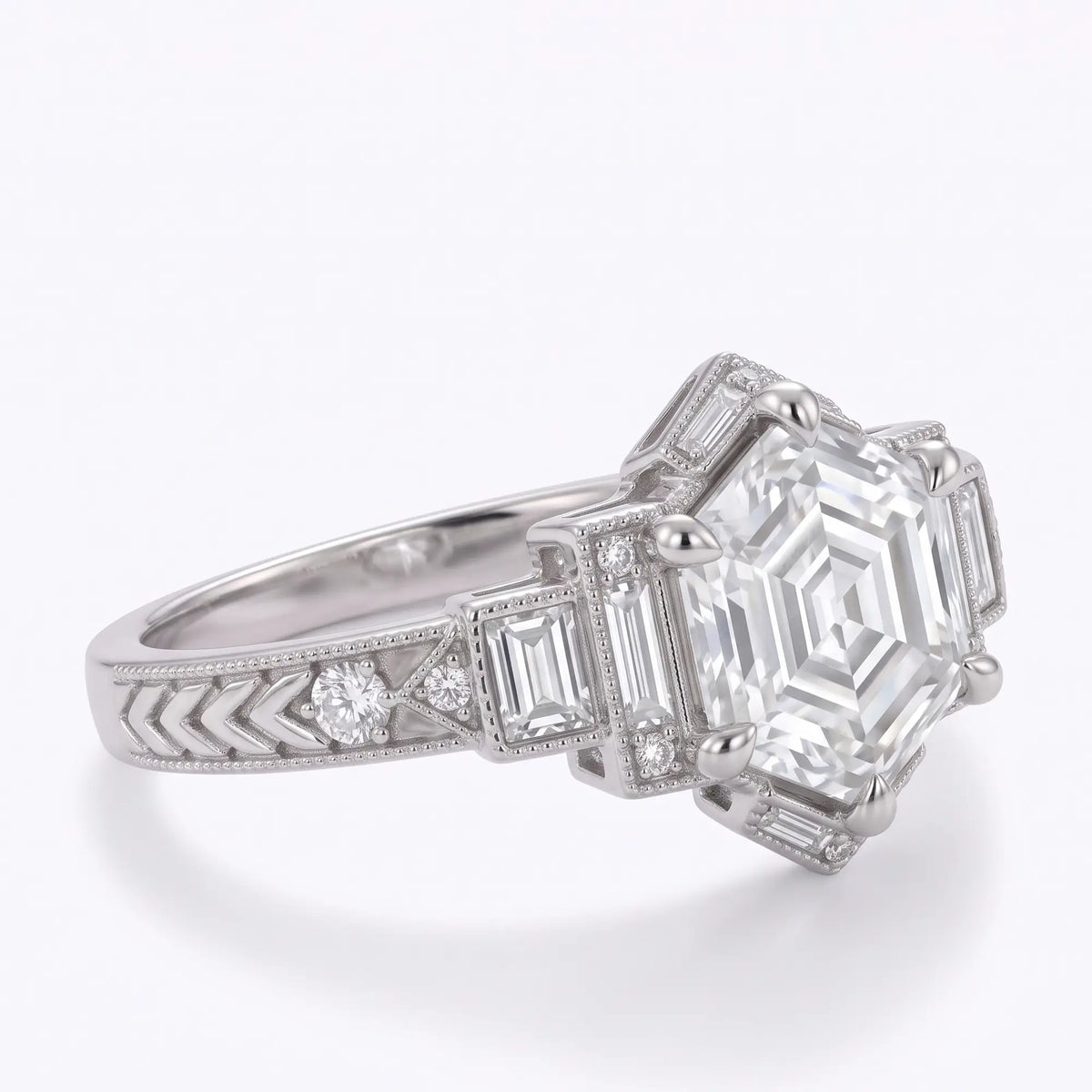 Front view of symmetrical hexagon lab grown diamond Art Deco engagement ring with geometric side accents

 Copy