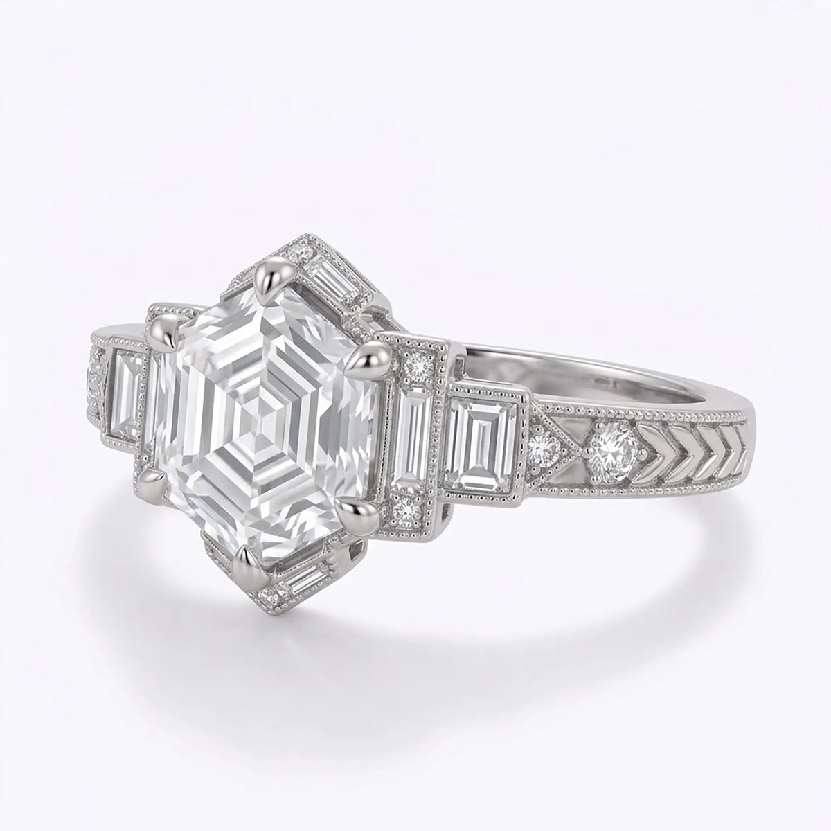 Three quarter view of vintage geometric cluster diamond ring with step cut center and milgrain detailing

 Copy