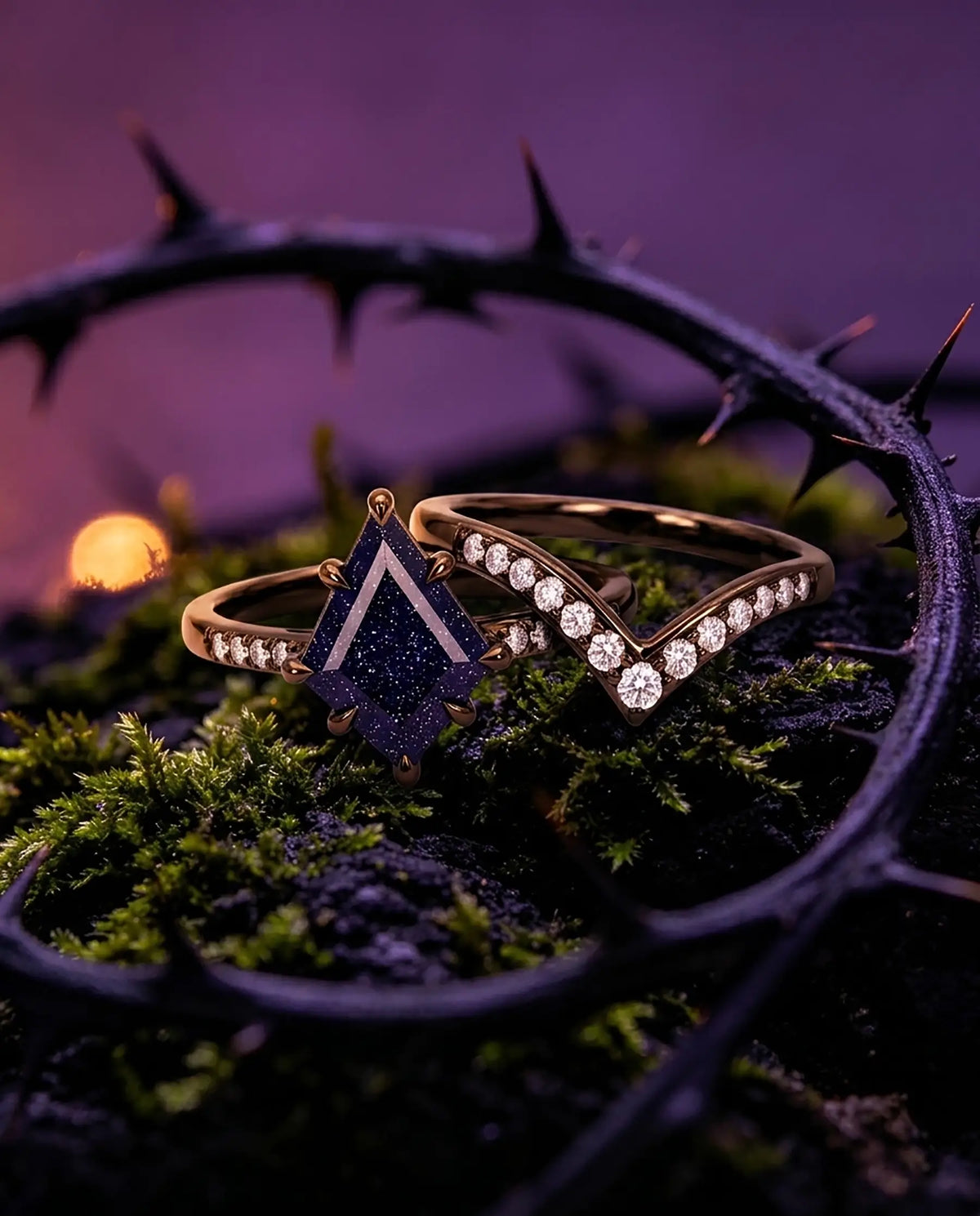 Celestia Nightfall – 2pc Blue Sandstone Vintage Chevron Ring Set