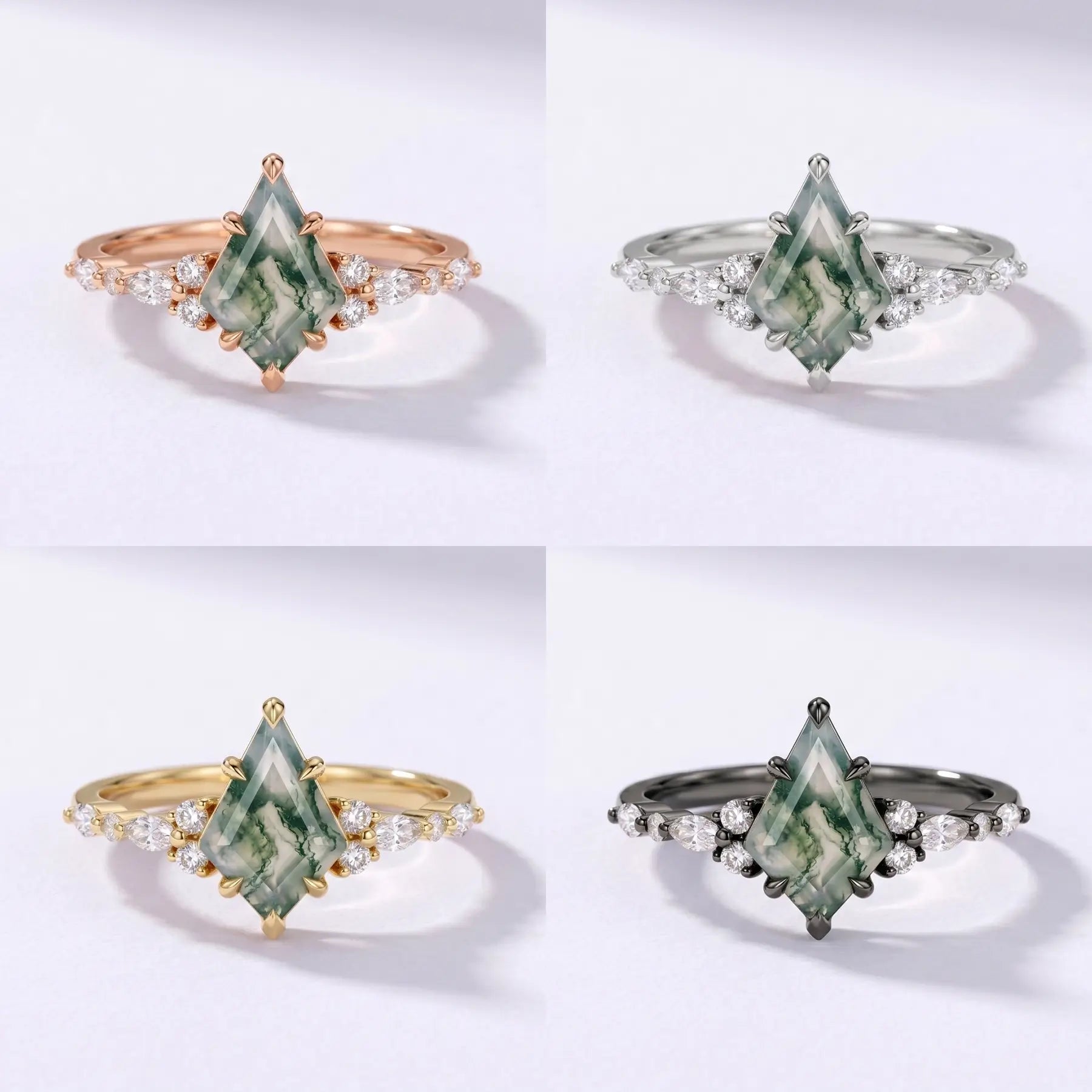 Studio matrix showcase displaying the elegant kite moss agate cluster ring across solid rose gold, yellow gold, white gold, and black gold options