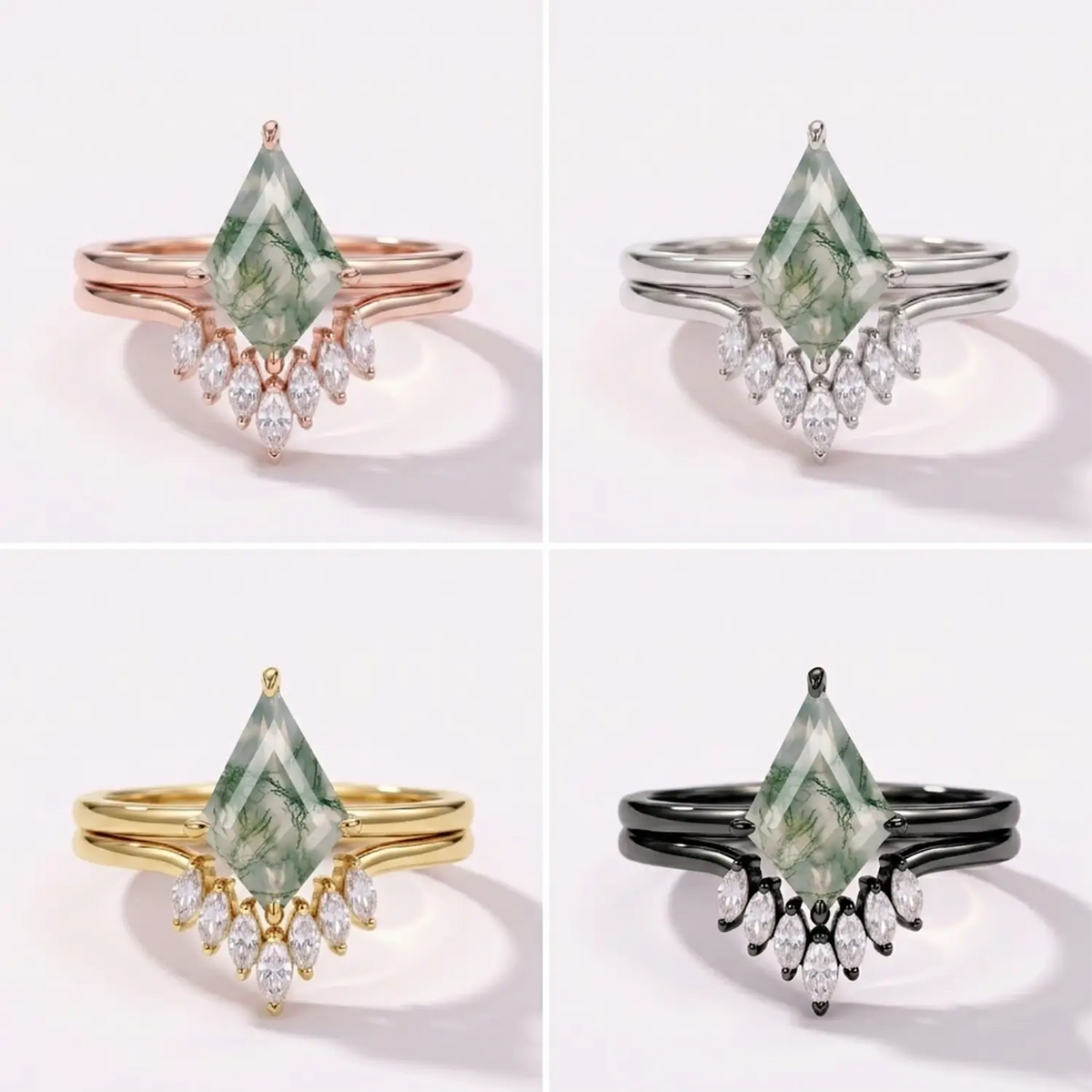 Studio matrix of the Zenith kite moss agate ring set available in rose, yellow, white, and black gold options