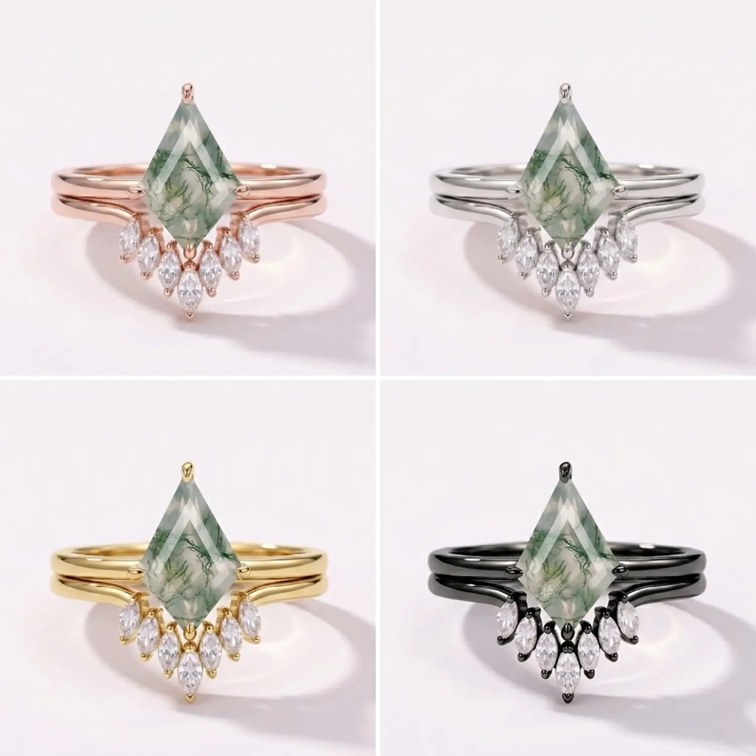 Studio matrix of the Zenith kite moss agate ring set available in rose, yellow, white, and black gold options